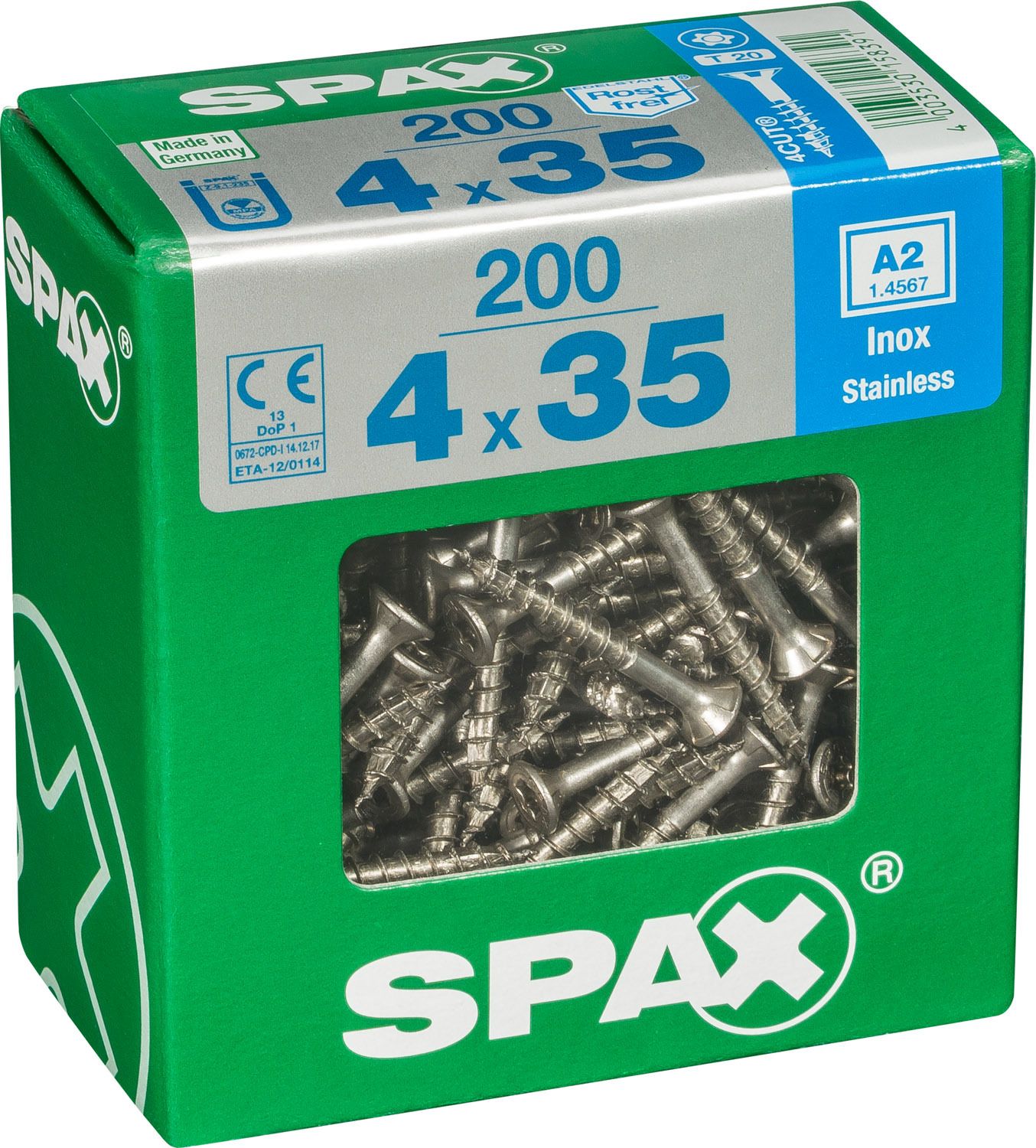 PLANA SPAX T-STAR PLUS T20 A2 INOXIDABLE XL 200 UD.