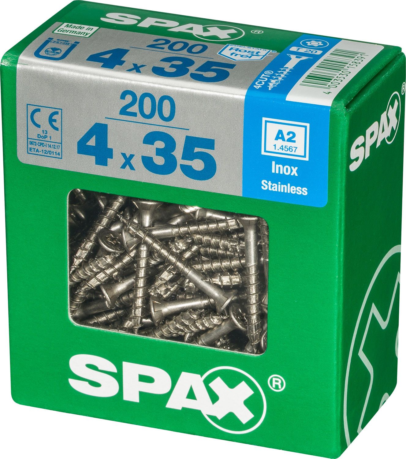 PLANA SPAX T-STAR PLUS T20 A2 INOXIDABLE XL 200 UD.