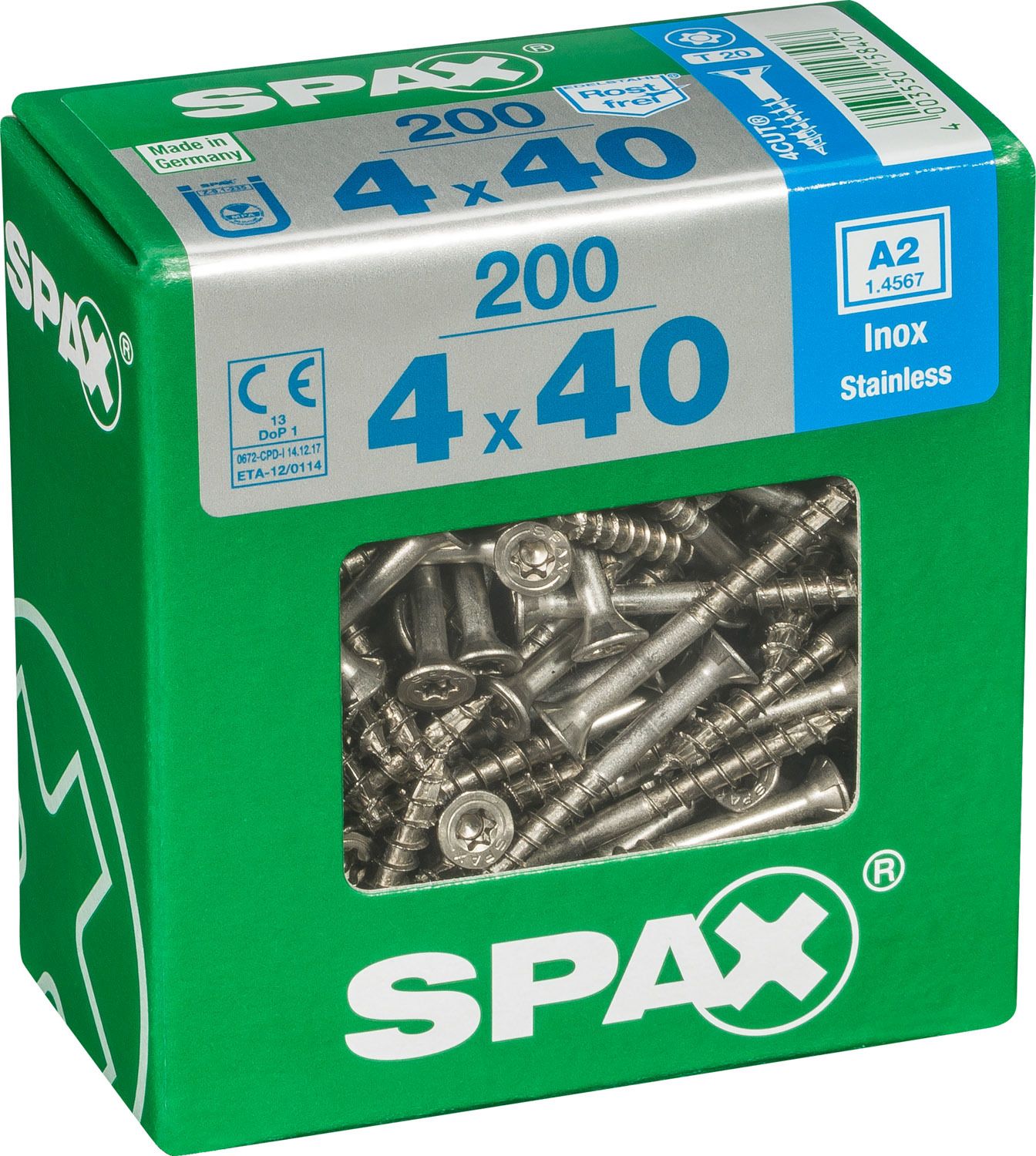PLANA SPAX T-STAR PLUS T20 A2 INOXIDABLE XL 200 UD.