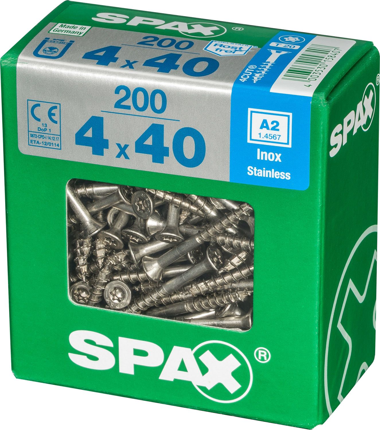 PLANA SPAX T-STAR PLUS T20 A2 INOXIDABLE XL 200 UD.