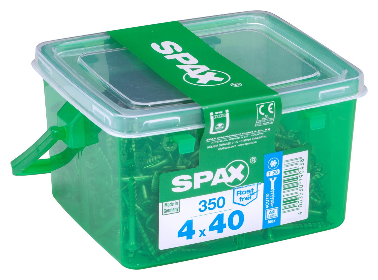 PLANA SPAX T-STAR PLUS T20 A2 INOXIDABLE CAJA DE PLÁSTICO CON ASA S 350 UD.