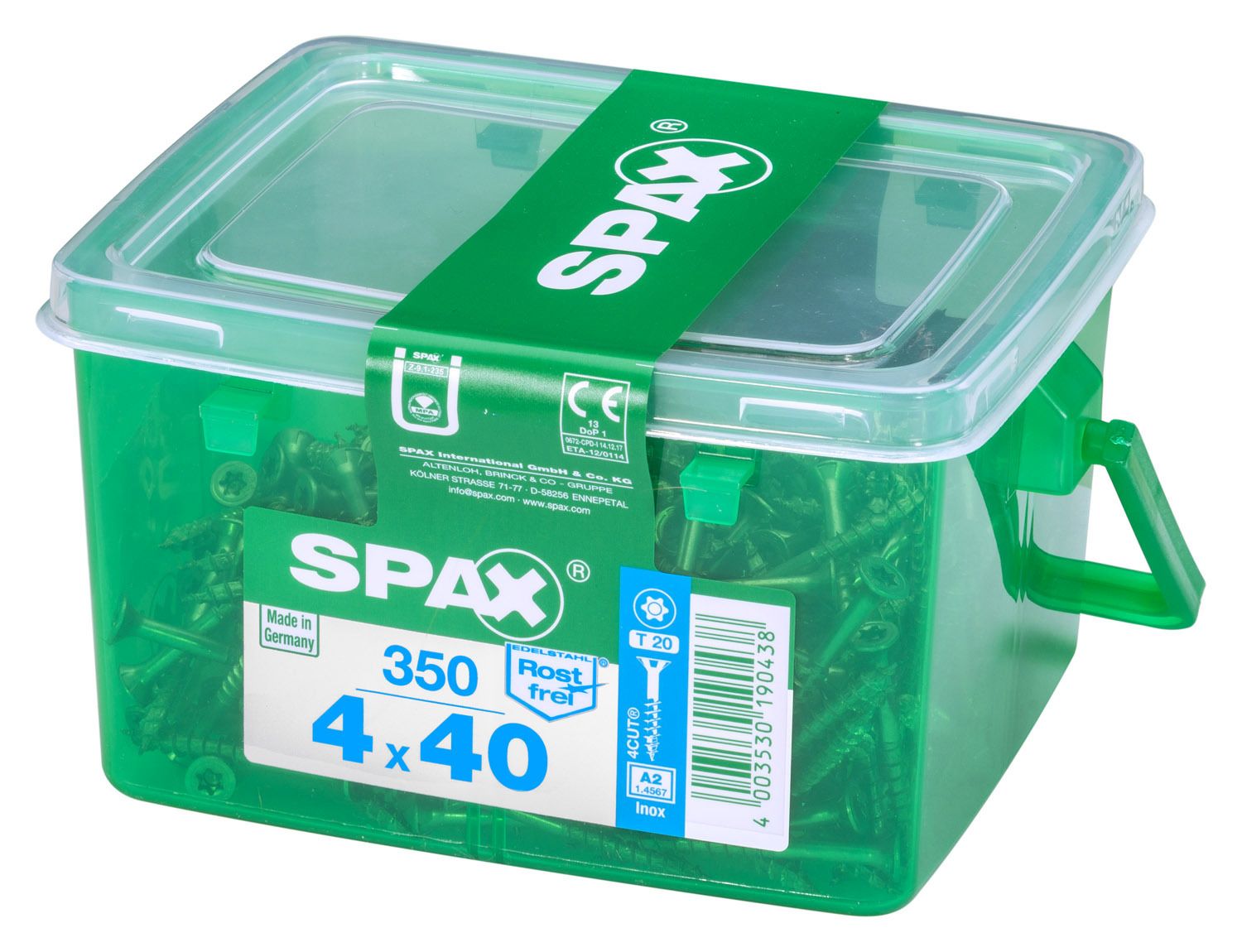 PLANA SPAX T-STAR PLUS T20 A2 INOXIDABLE CAJA DE PLÁSTICO CON ASA S 350 UD.