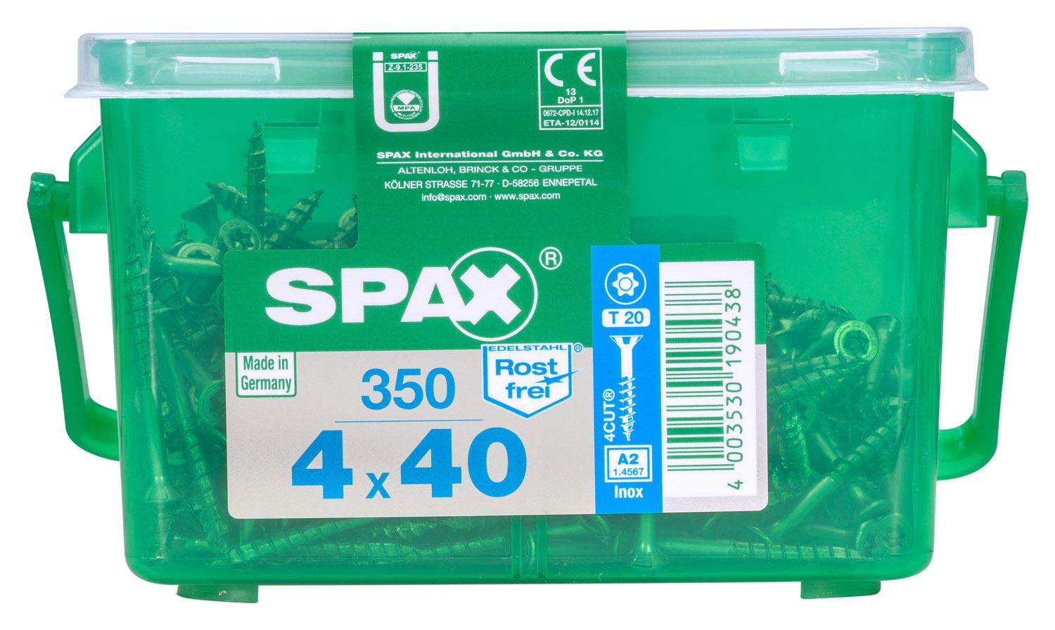PLANA SPAX T-STAR PLUS T20 A2 INOXIDABLE CAJA DE PLÁSTICO CON ASA S 350 UD.