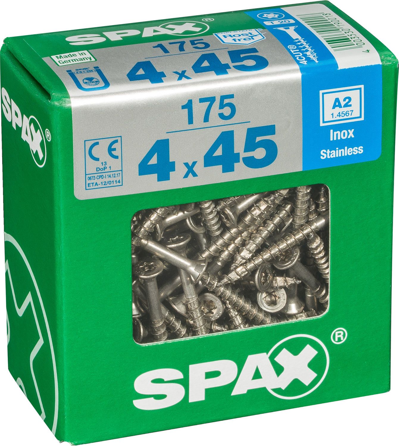 PLANA SPAX T-STAR PLUS T20 A2 INOXIDABLE XL 175 UD.