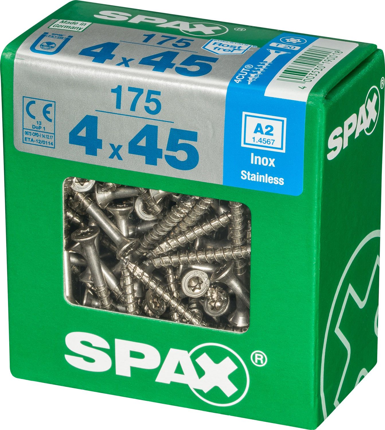 PLANA SPAX T-STAR PLUS T20 A2 INOXIDABLE XL 175 UD.