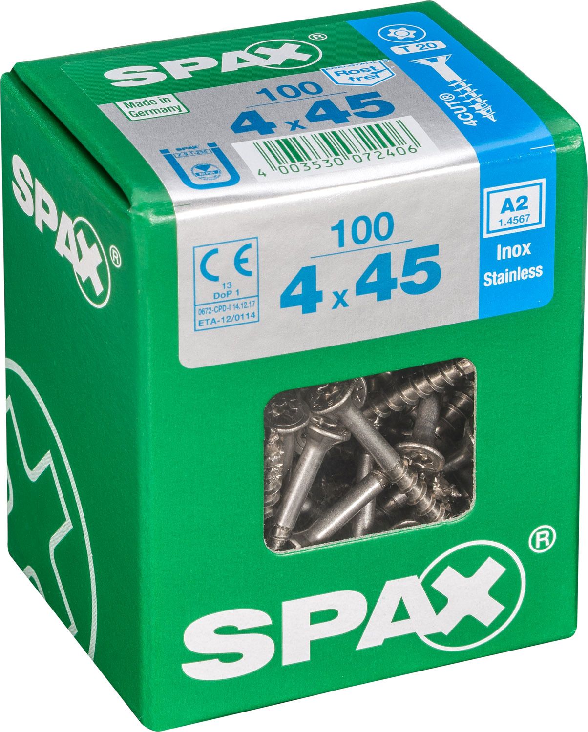 PLANA SPAX T-STAR PLUS T20 A2 INOXIDABLE L 100 UD.