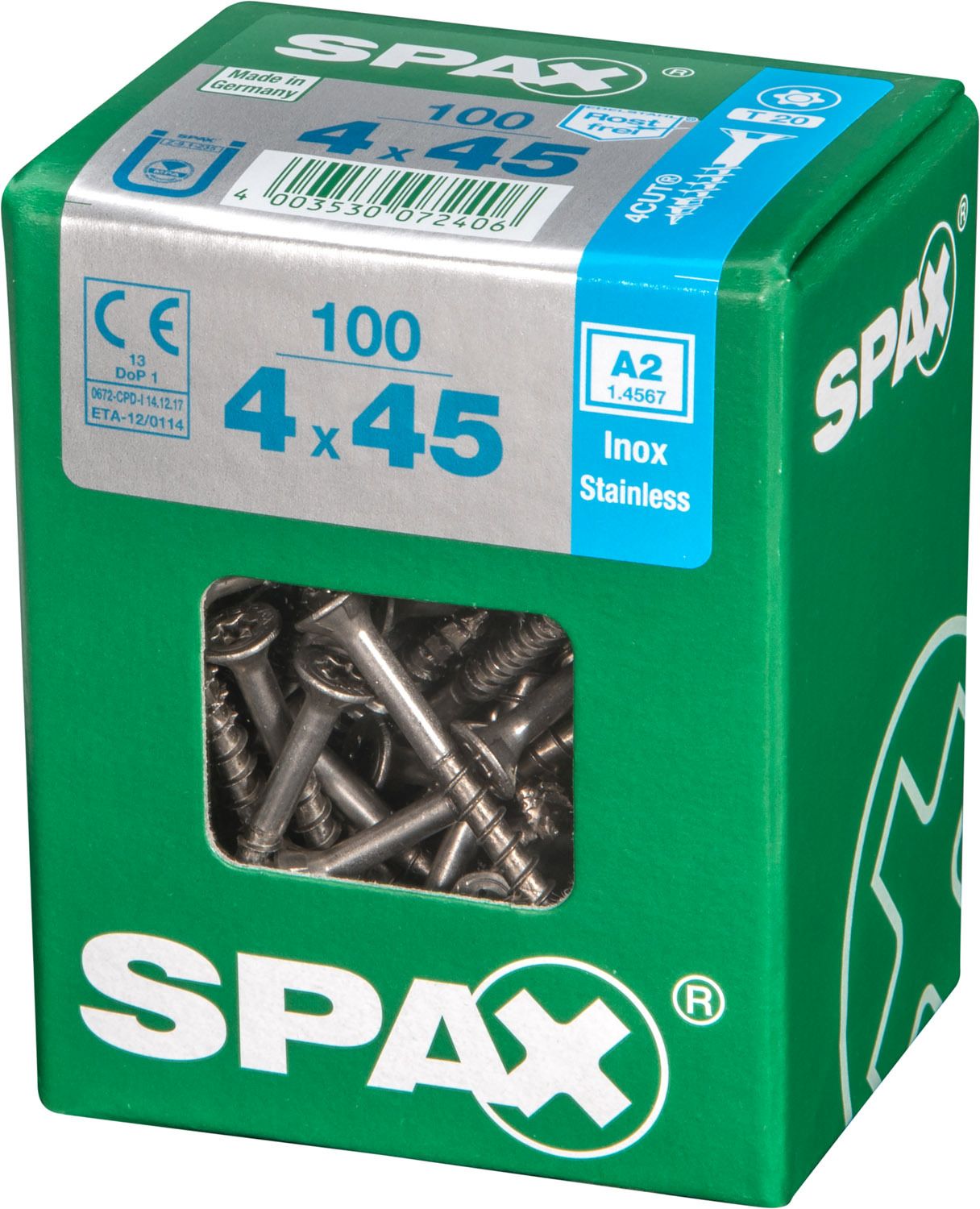 PLANA SPAX T-STAR PLUS T20 A2 INOXIDABLE L 100 UD.