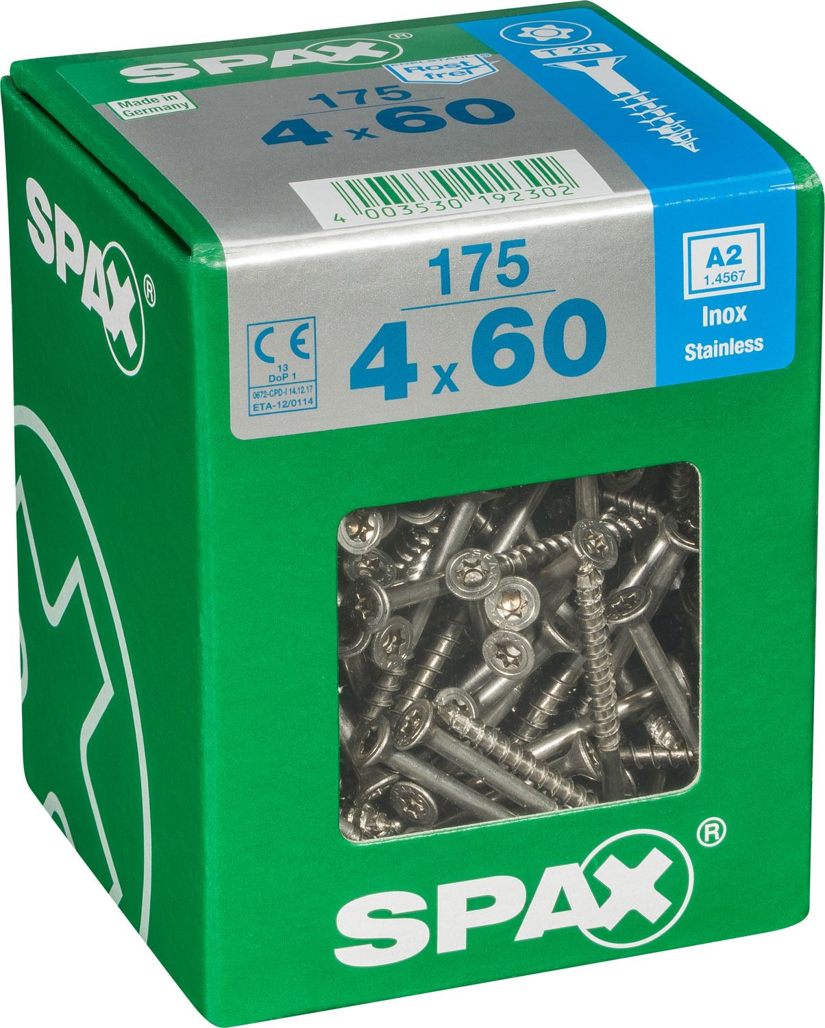 PLANA SPAX T-STAR PLUS T20 A2 INOXIDABLE XL 175 UD.