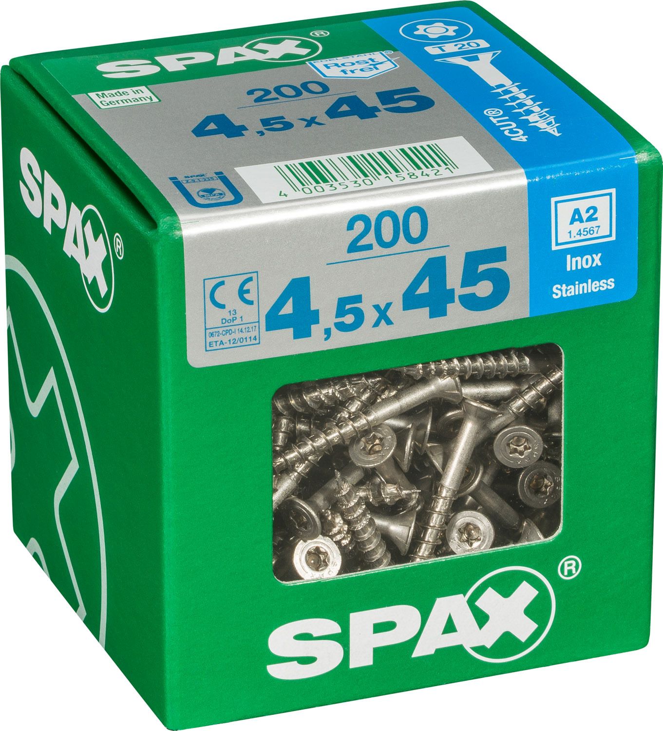 PLANA SPAX T-STAR PLUS T20 A2 INOXIDABLE XL 200 UD.