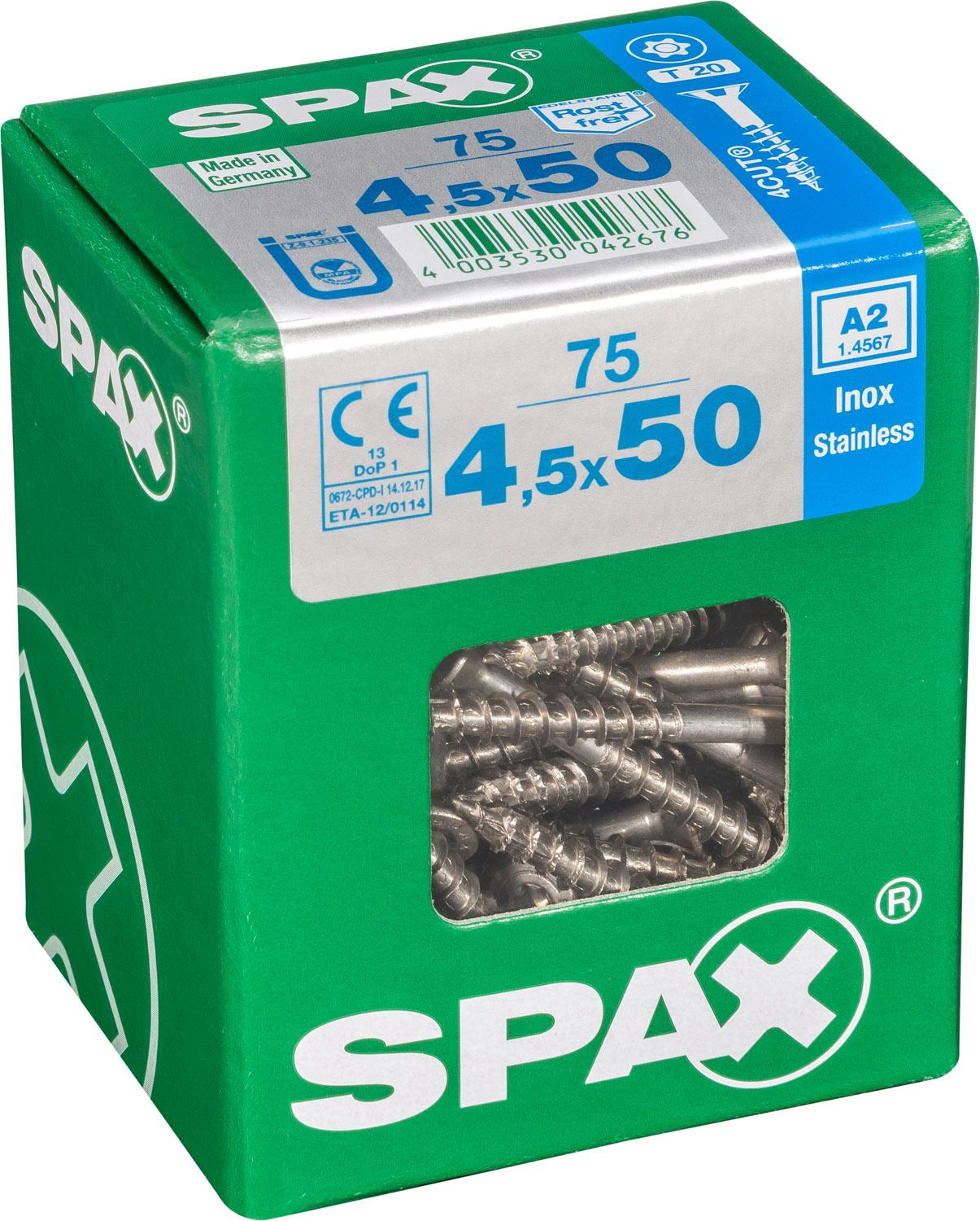 PLANA SPAX T-STAR PLUS T20 A2 INOXIDABLE L 75 UD.