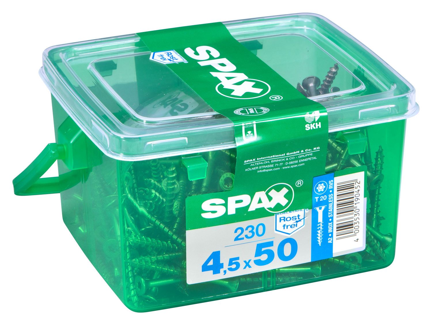 PLANA SPAX T-STAR PLUS T20 A2 INOXIDABLE CAJA DE PLÁSTICO CON ASA S 230 UD.