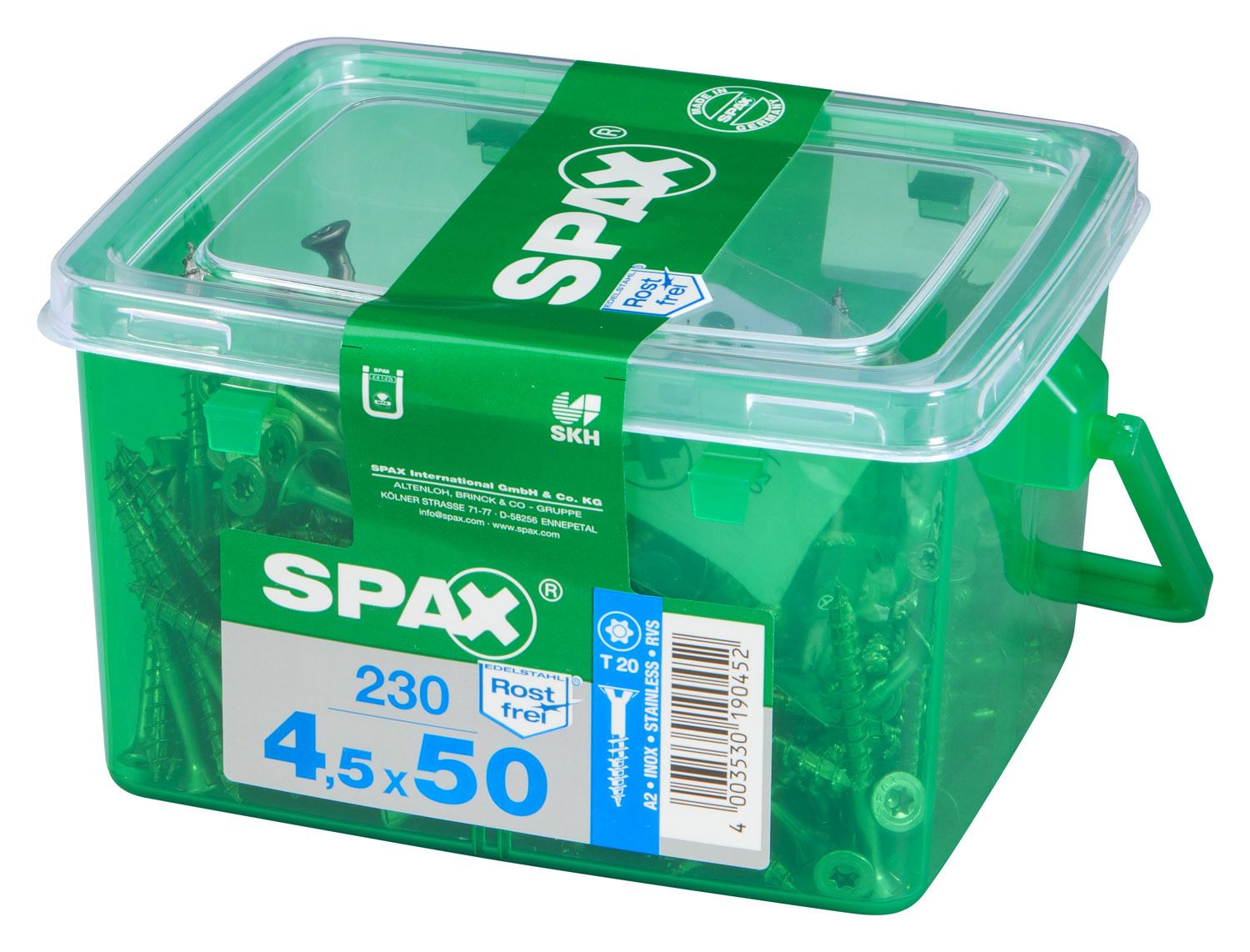 PLANA SPAX T-STAR PLUS T20 A2 INOXIDABLE CAJA DE PLÁSTICO CON ASA S 230 UD.