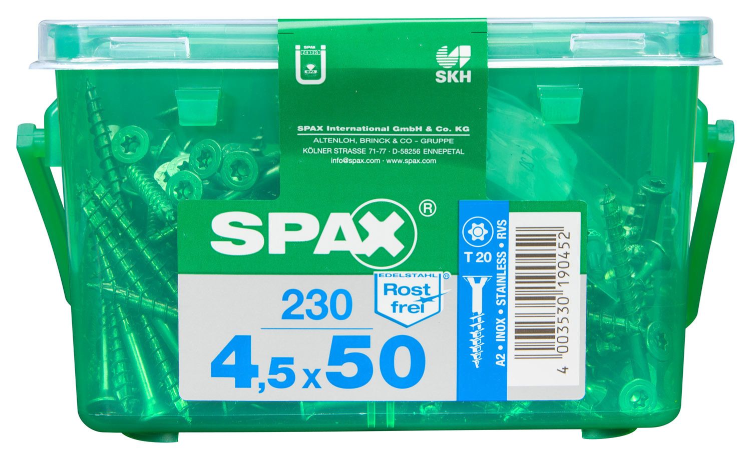 PLANA SPAX T-STAR PLUS T20 A2 INOXIDABLE CAJA DE PLÁSTICO CON ASA S 230 UD.