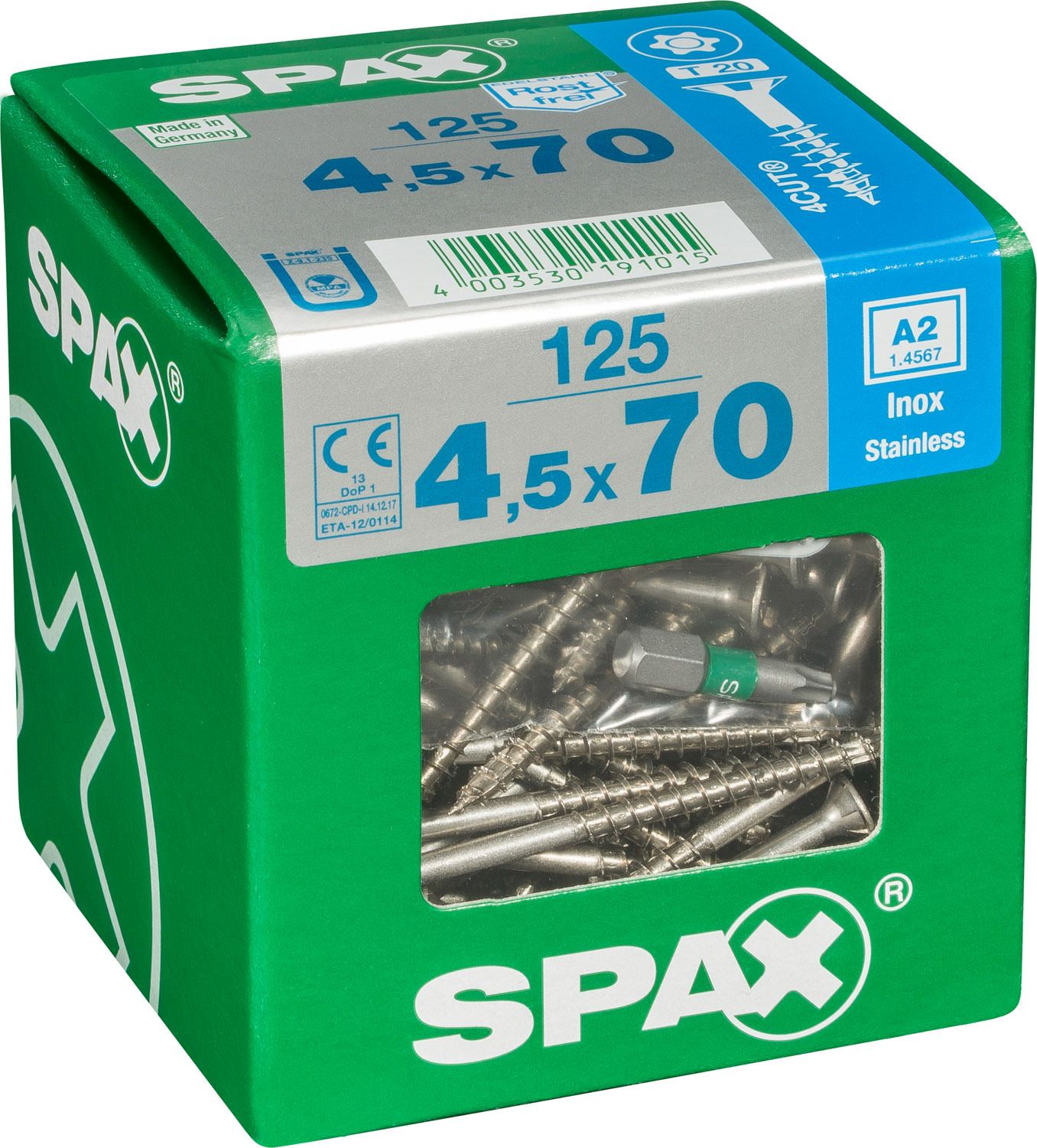 PLANA SPAX T-STAR PLUS T20 A2 INOXIDABLE XL 125 UD.