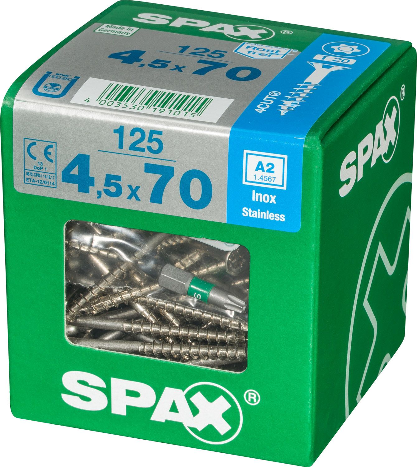 PLANA SPAX T-STAR PLUS T20 A2 INOXIDABLE XL 125 UD.