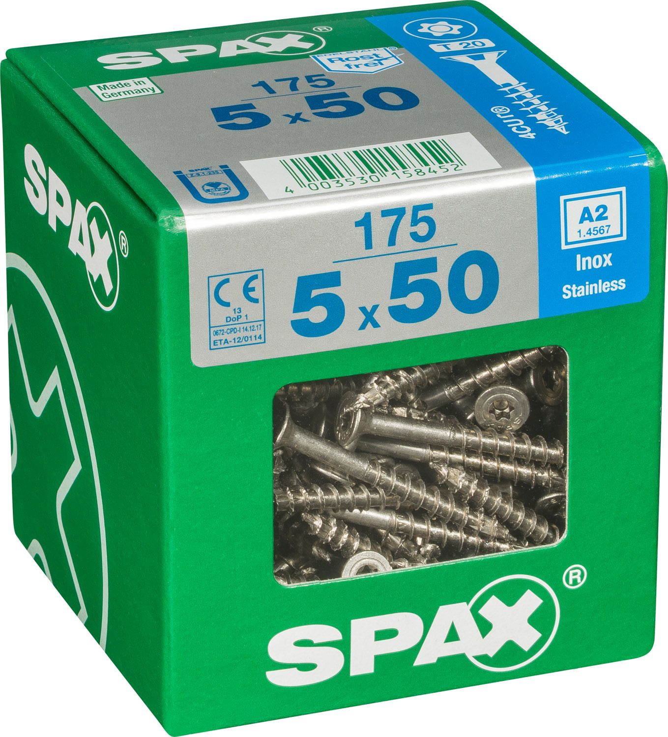 PLANA SPAX T-STAR PLUS T20 A2 INOXIDABLE XL 175 UD.