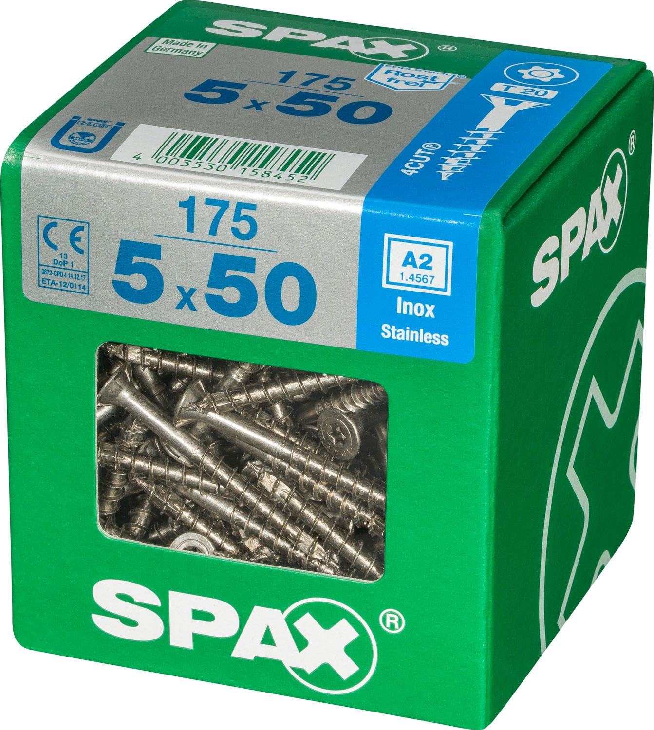 PLANA SPAX T-STAR PLUS T20 A2 INOXIDABLE XL 175 UD.