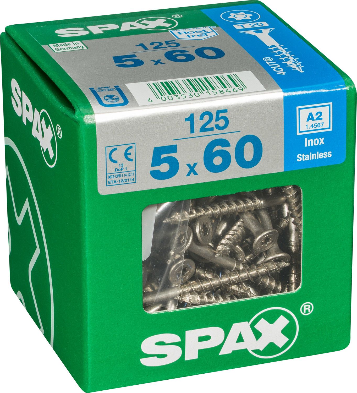 PLANA SPAX T-STAR PLUS T20 A2 INOXIDABLE XL 125 UD.
