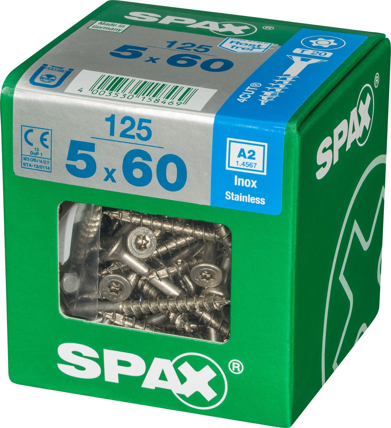 PLANA SPAX T-STAR PLUS T20 A2 INOXIDABLE XL 125 UD.