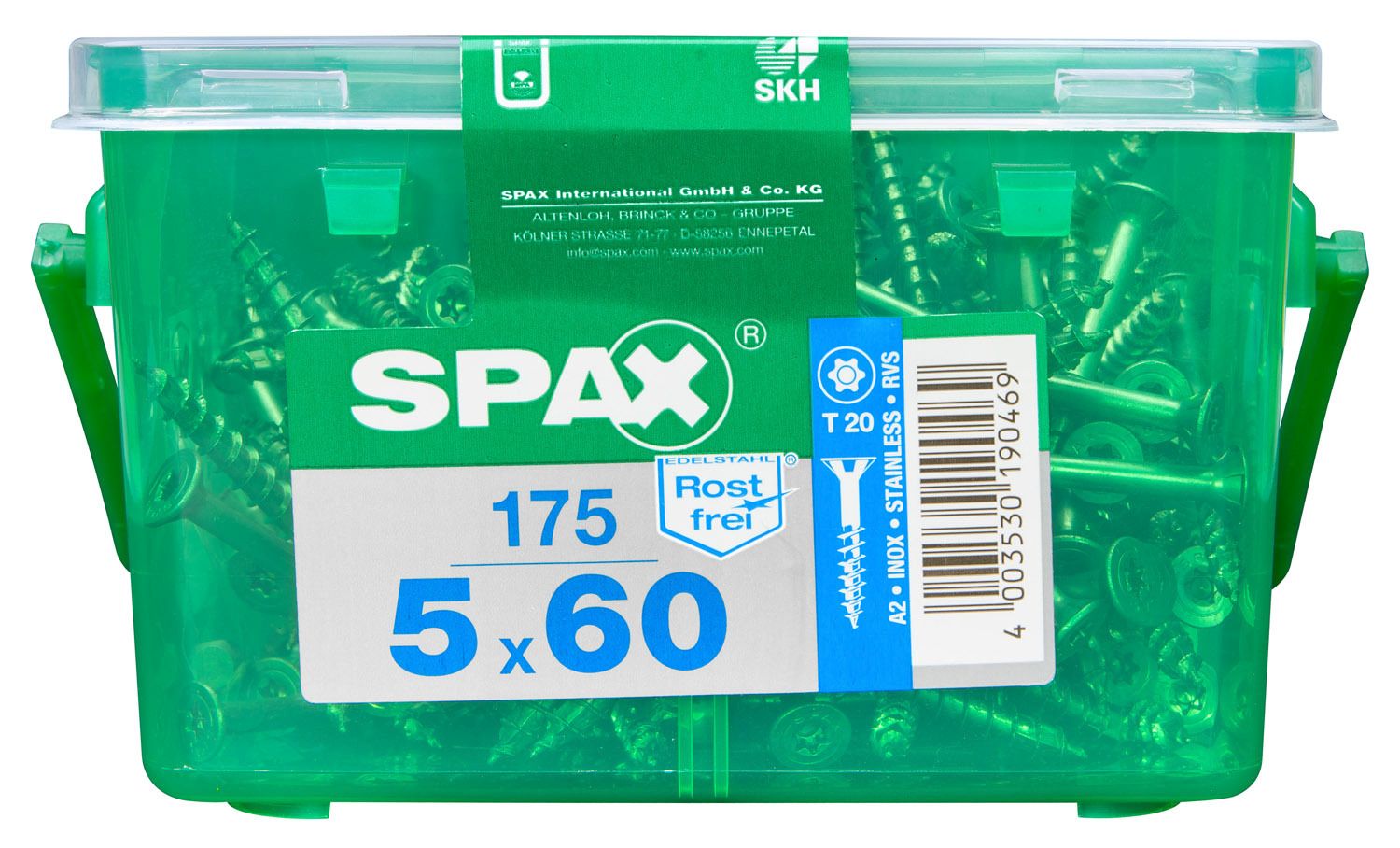 PLANA SPAX T-STAR PLUS T20 A2 INOXIDABLE CAJA DE PLÁSTICO CON ASA S 175 UD.