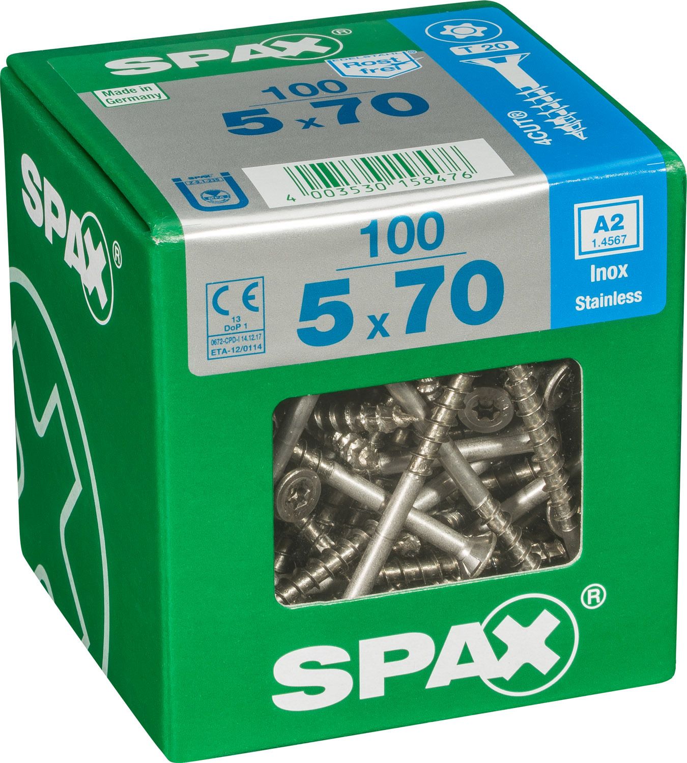 PLANA SPAX T-STAR PLUS T20 A2 INOXIDABLE XL 100 UD.