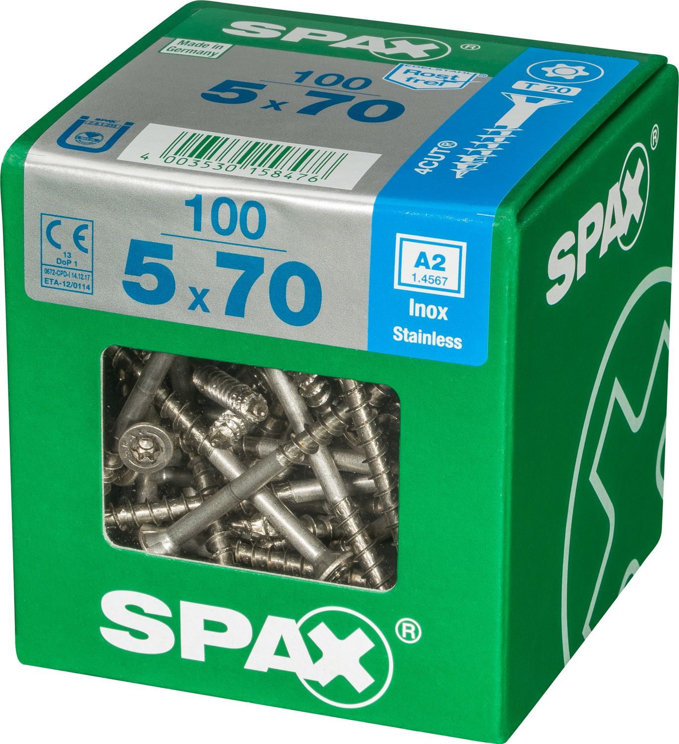 PLANA SPAX T-STAR PLUS T20 A2 INOXIDABLE XL 100 UD.
