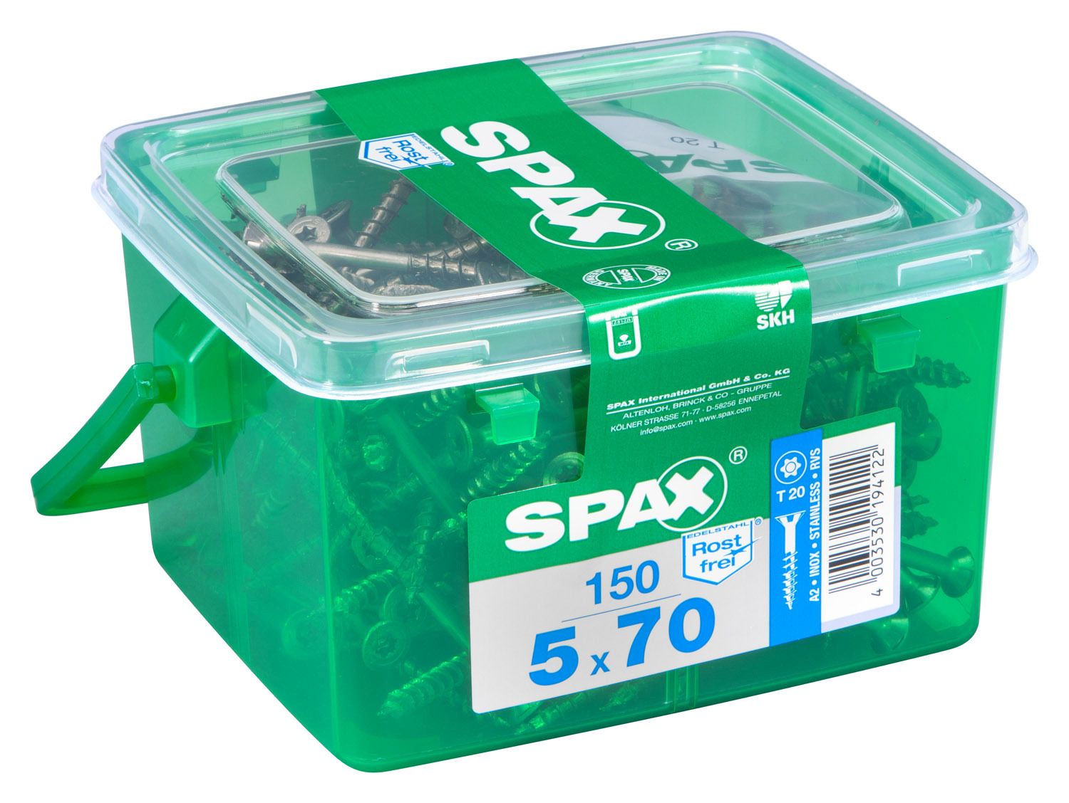 PLANA SPAX T-STAR PLUS T20 A2 INOXIDABLE CAJA DE PLÁSTICO CON ASA S 150 UD.