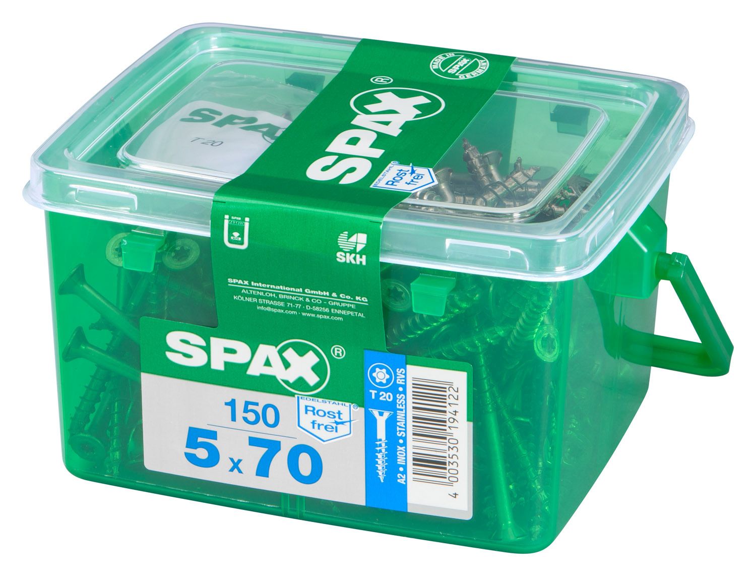 PLANA SPAX T-STAR PLUS T20 A2 INOXIDABLE CAJA DE PLÁSTICO CON ASA S 150 UD.