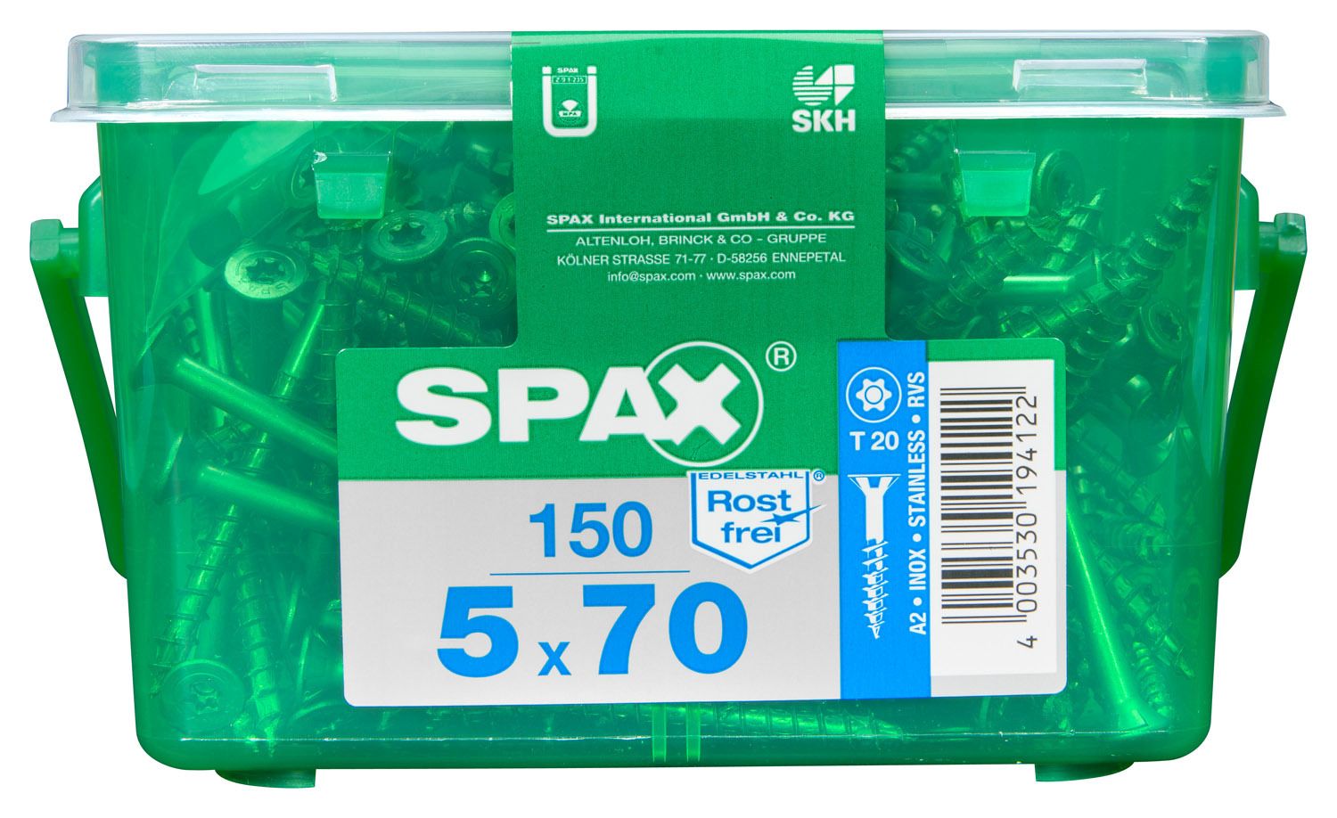 PLANA SPAX T-STAR PLUS T20 A2 INOXIDABLE CAJA DE PLÁSTICO CON ASA S 150 UD.