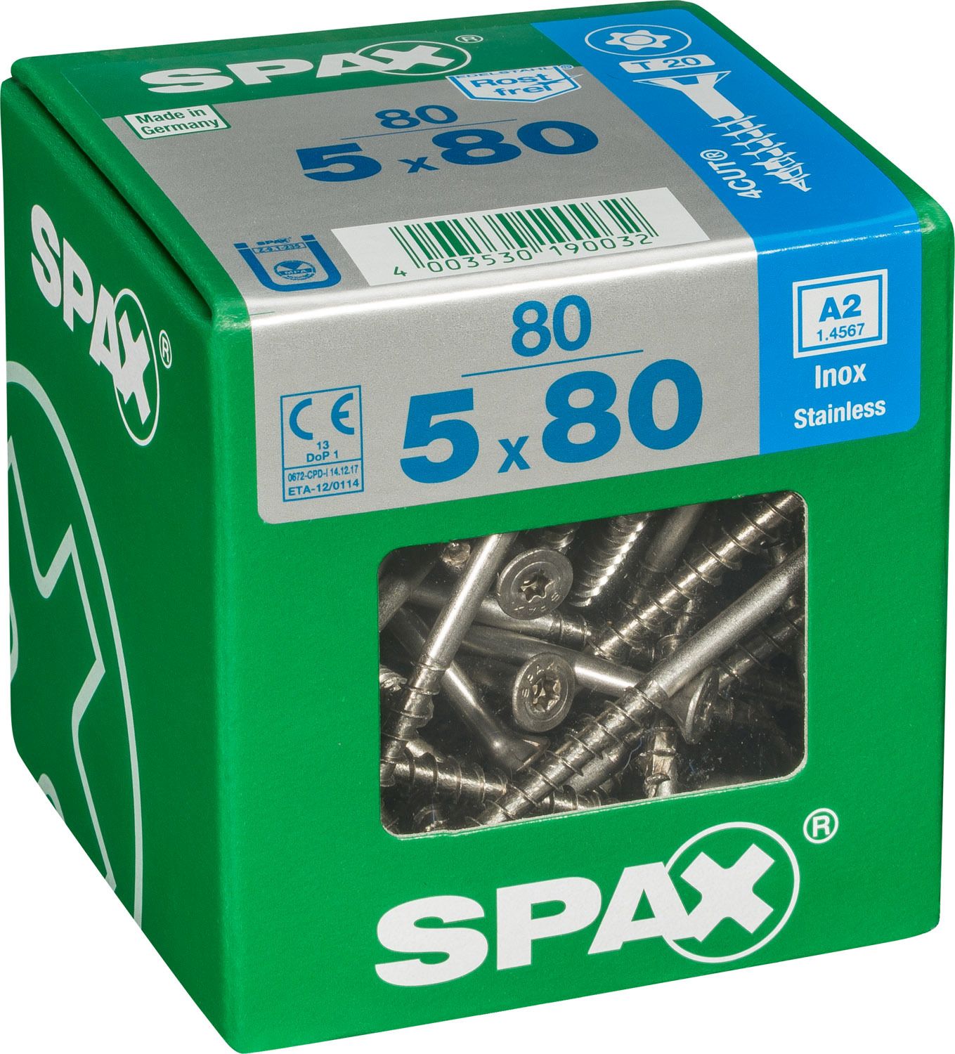 PLANA SPAX T-STAR PLUS T20 A2 INOXIDABLE XL 80 UD.