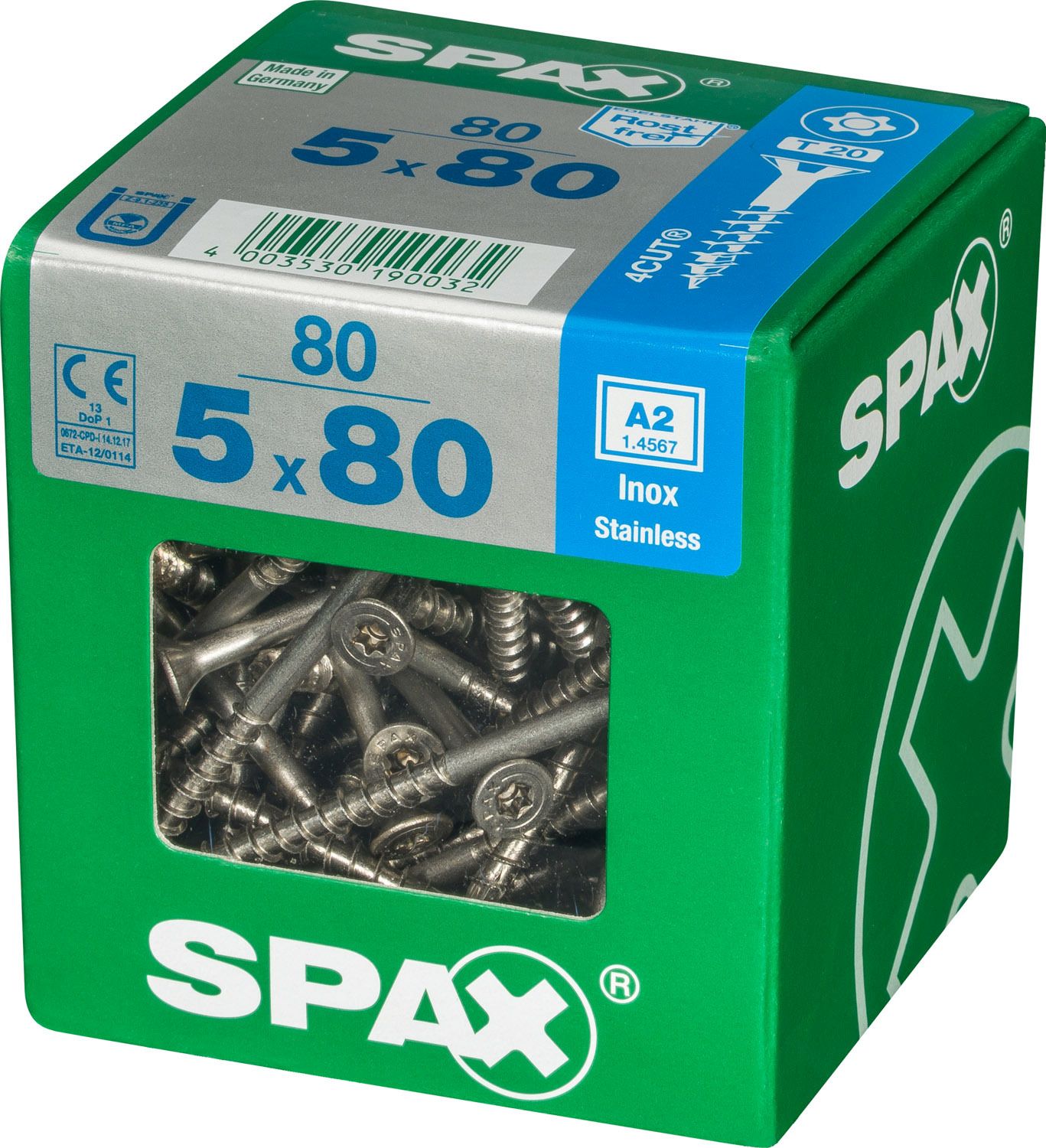 PLANA SPAX T-STAR PLUS T20 A2 INOXIDABLE XL 80 UD.