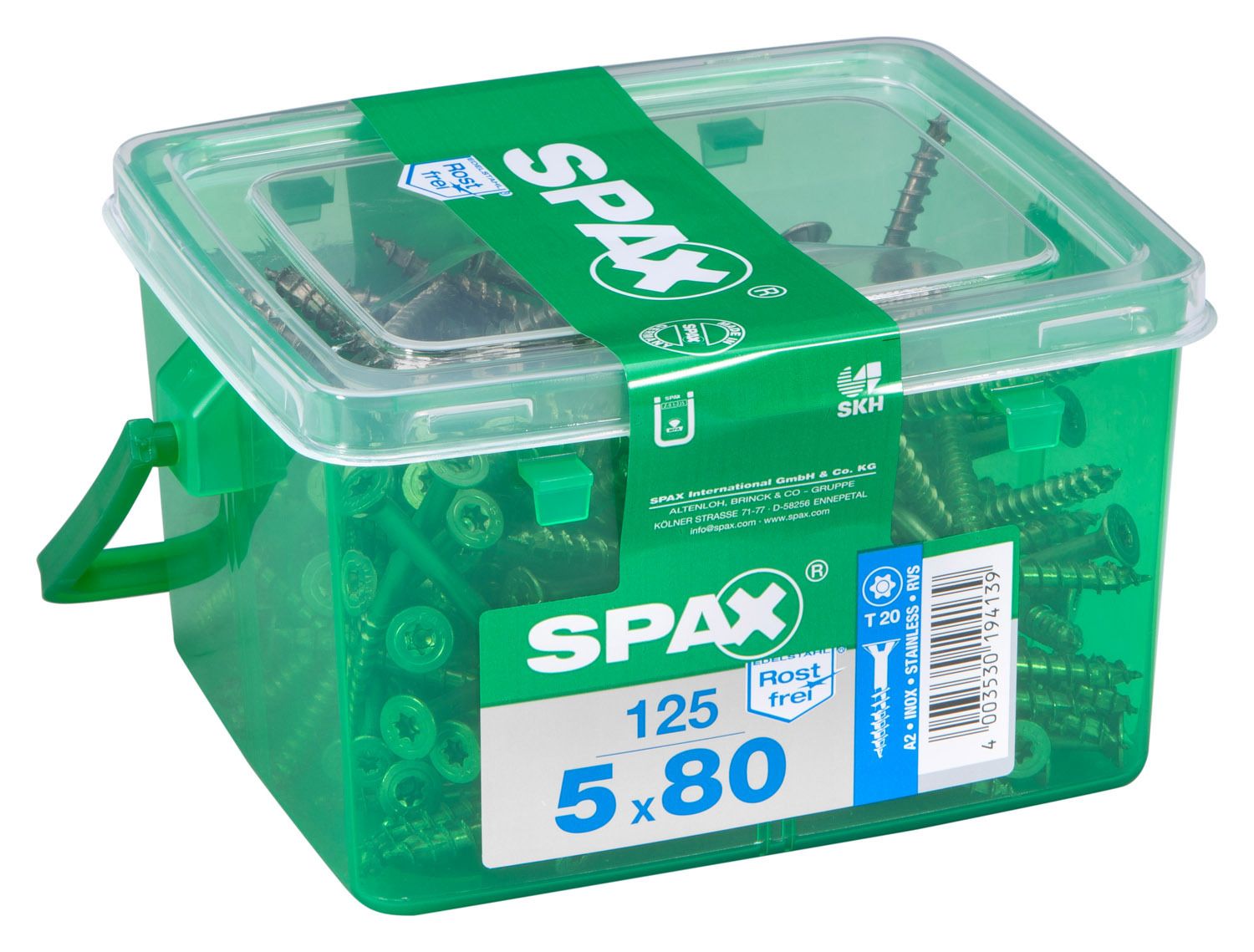 PLANA SPAX T-STAR PLUS T20 A2 INOXIDABLE CAJA DE PLÁSTICO CON ASA S 125 UD.