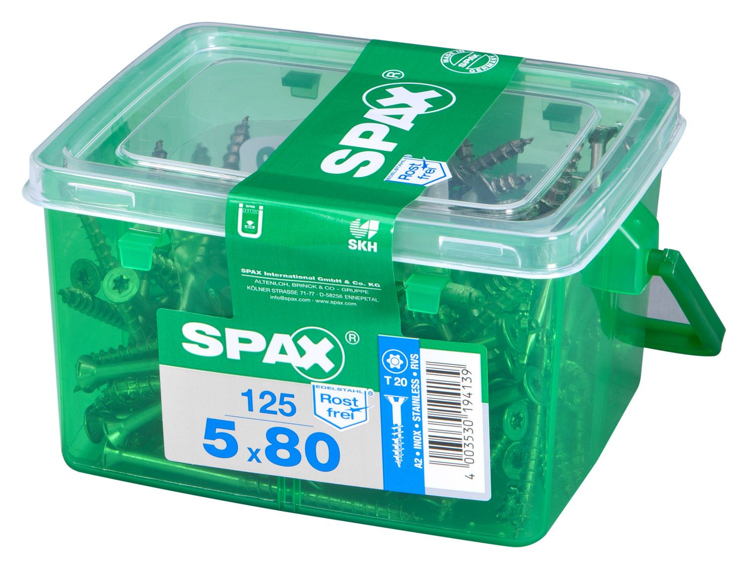 PLANA SPAX T-STAR PLUS T20 A2 INOXIDABLE CAJA DE PLÁSTICO CON ASA S 125 UD.