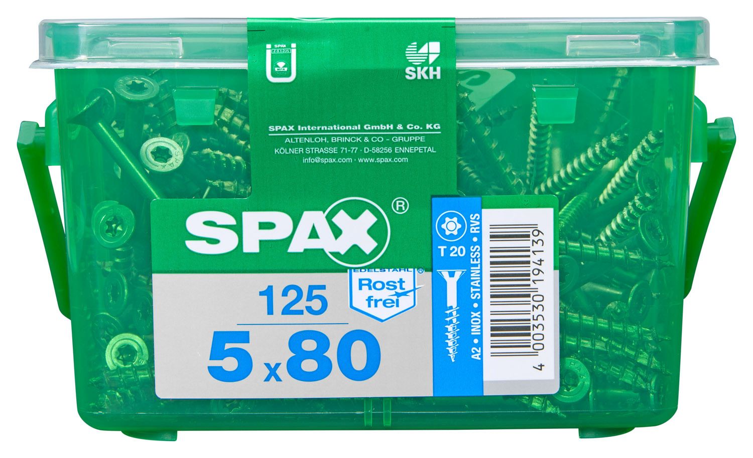 PLANA SPAX T-STAR PLUS T20 A2 INOXIDABLE CAJA DE PLÁSTICO CON ASA S 125 UD.