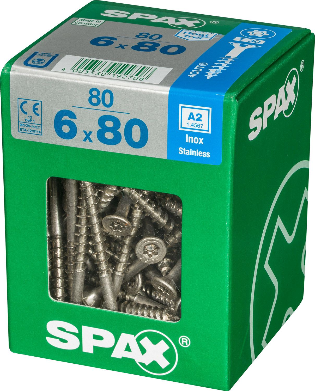 PLANA SPAX T-STAR PLUS T30 A2 INOXIDABLE XL 80 UD.