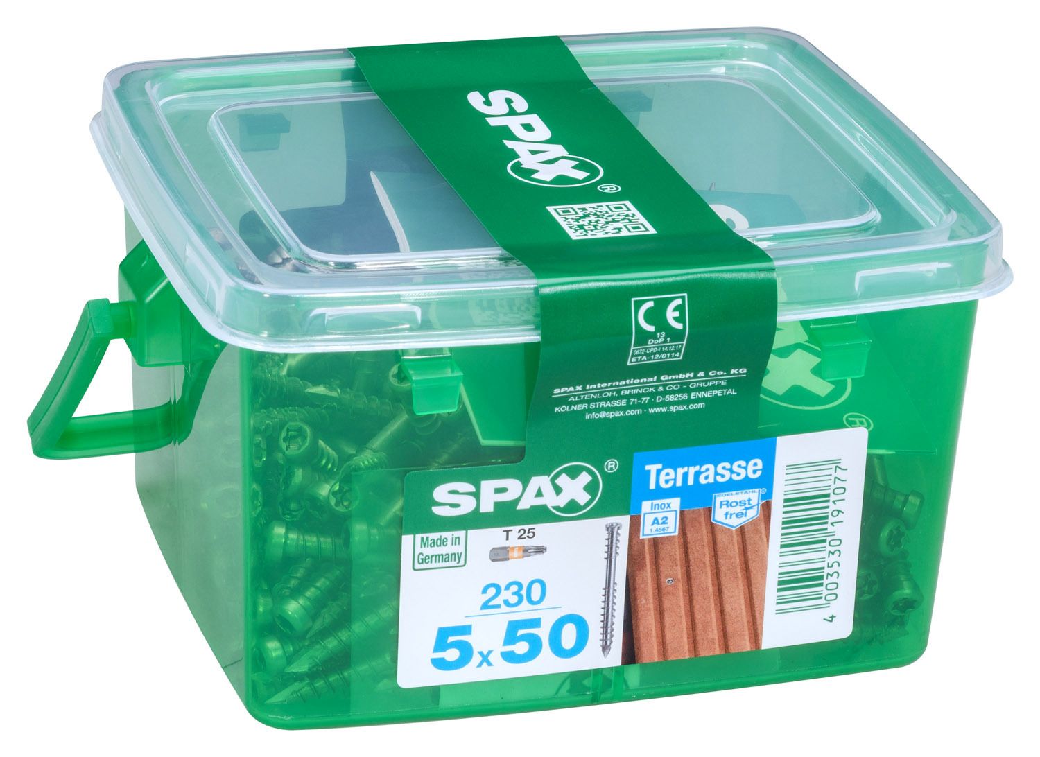 TERRAZA SPAX T-STAR PLUS T25 A2 INOXIDABLE CAJA DE PLÁSTICO CON ASA S 230 UD.