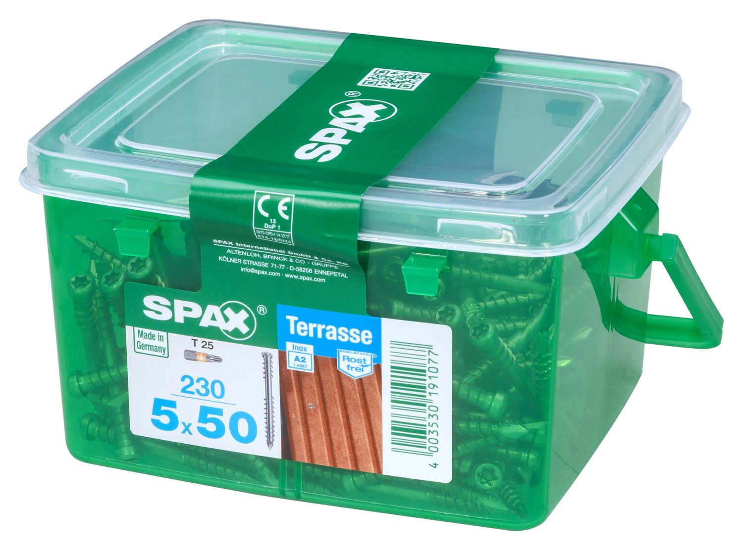 TERRAZA SPAX T-STAR PLUS T25 A2 INOXIDABLE CAJA DE PLÁSTICO CON ASA S 230 UD.