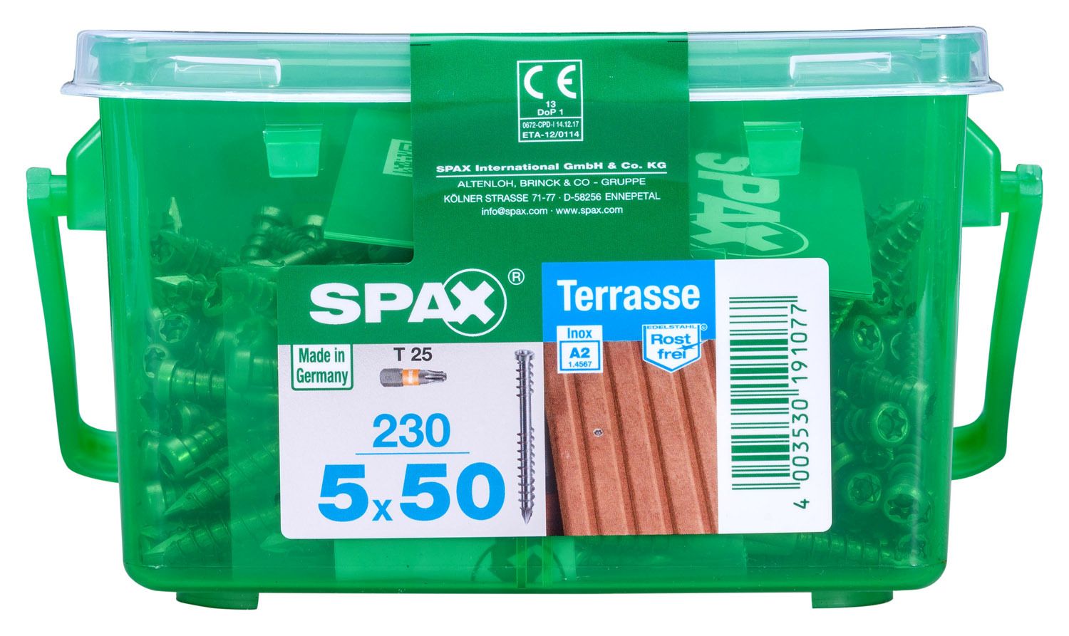 TERRAZA SPAX T-STAR PLUS T25 A2 INOXIDABLE CAJA DE PLÁSTICO CON ASA S 230 UD.