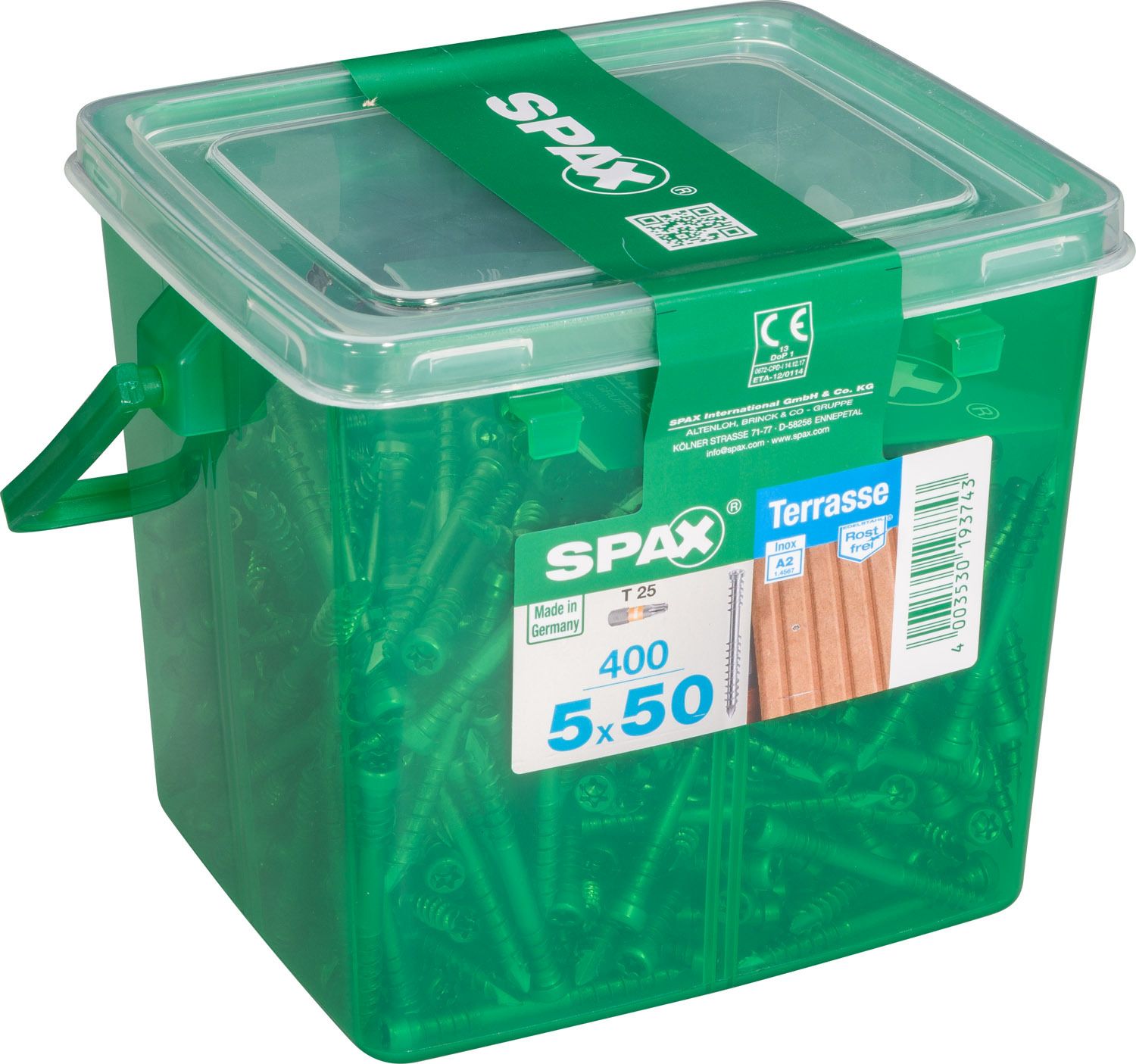 TERRAZA SPAX T-STAR PLUS T25 A2 INOXIDABLE CAJA DE PLÁSTICO CON ASA M 400 UD.