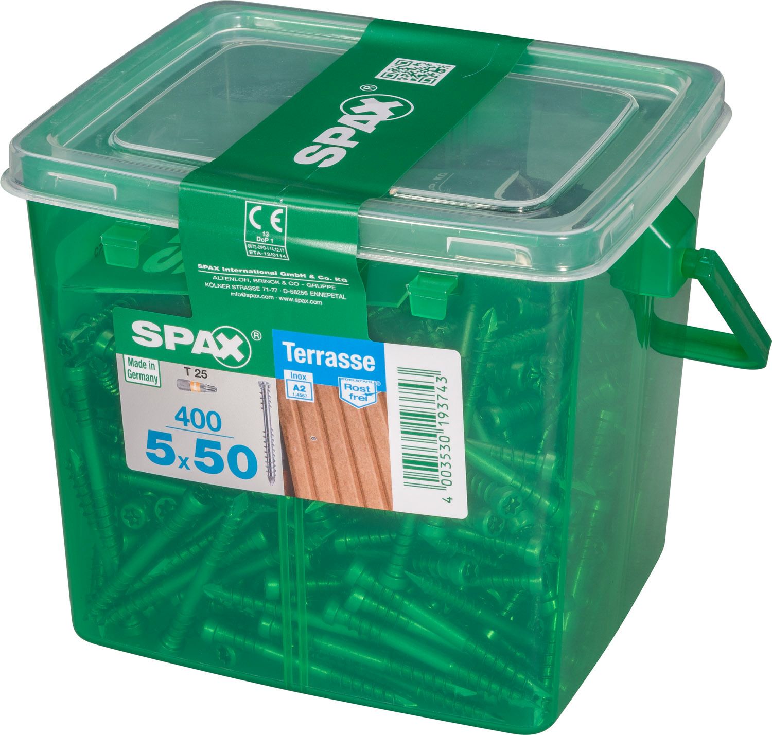 TERRAZA SPAX T-STAR PLUS T25 A2 INOXIDABLE CAJA DE PLÁSTICO CON ASA M 400 UD.
