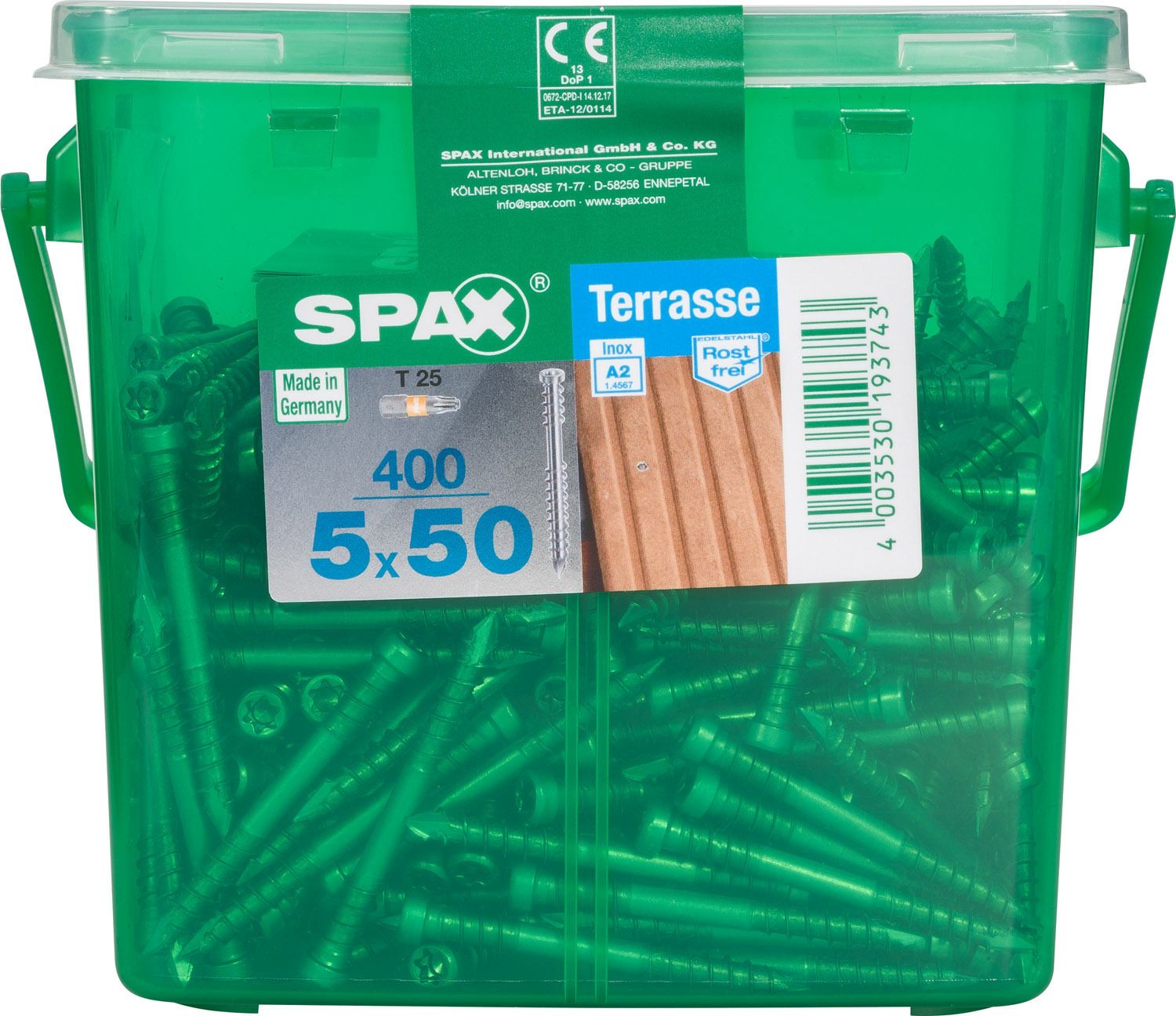 TERRAZA SPAX T-STAR PLUS T25 A2 INOXIDABLE CAJA DE PLÁSTICO CON ASA M 400 UD.