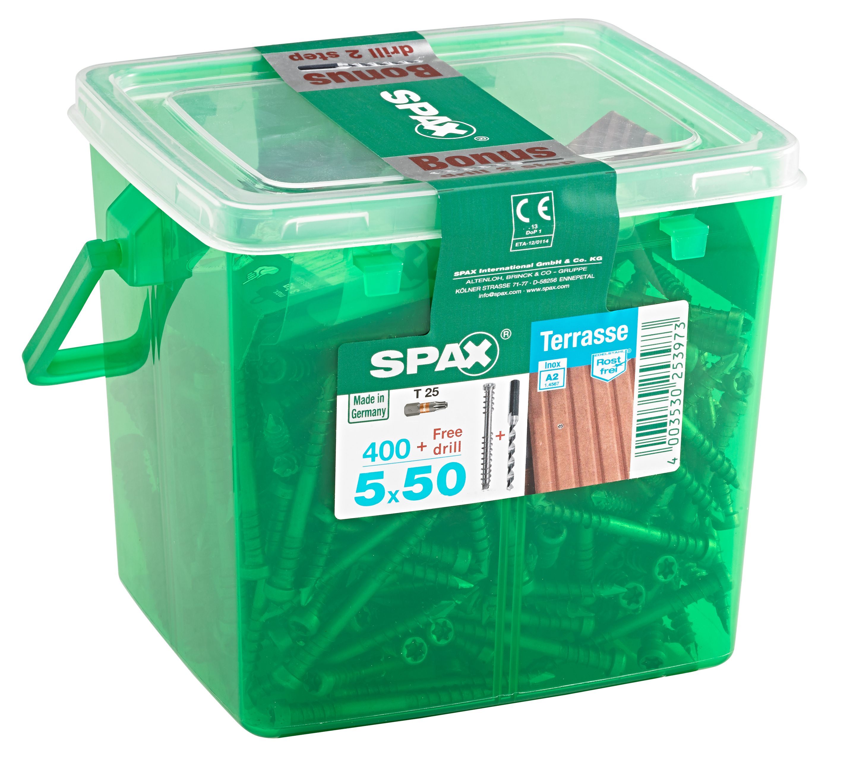 TERRAZA SPAX T-STAR PLUS T25 A2 INOXIDABLE CAJA DE PLÁSTICO CON ASA M 400 UD. INCL. BROCA PROGRESIVA