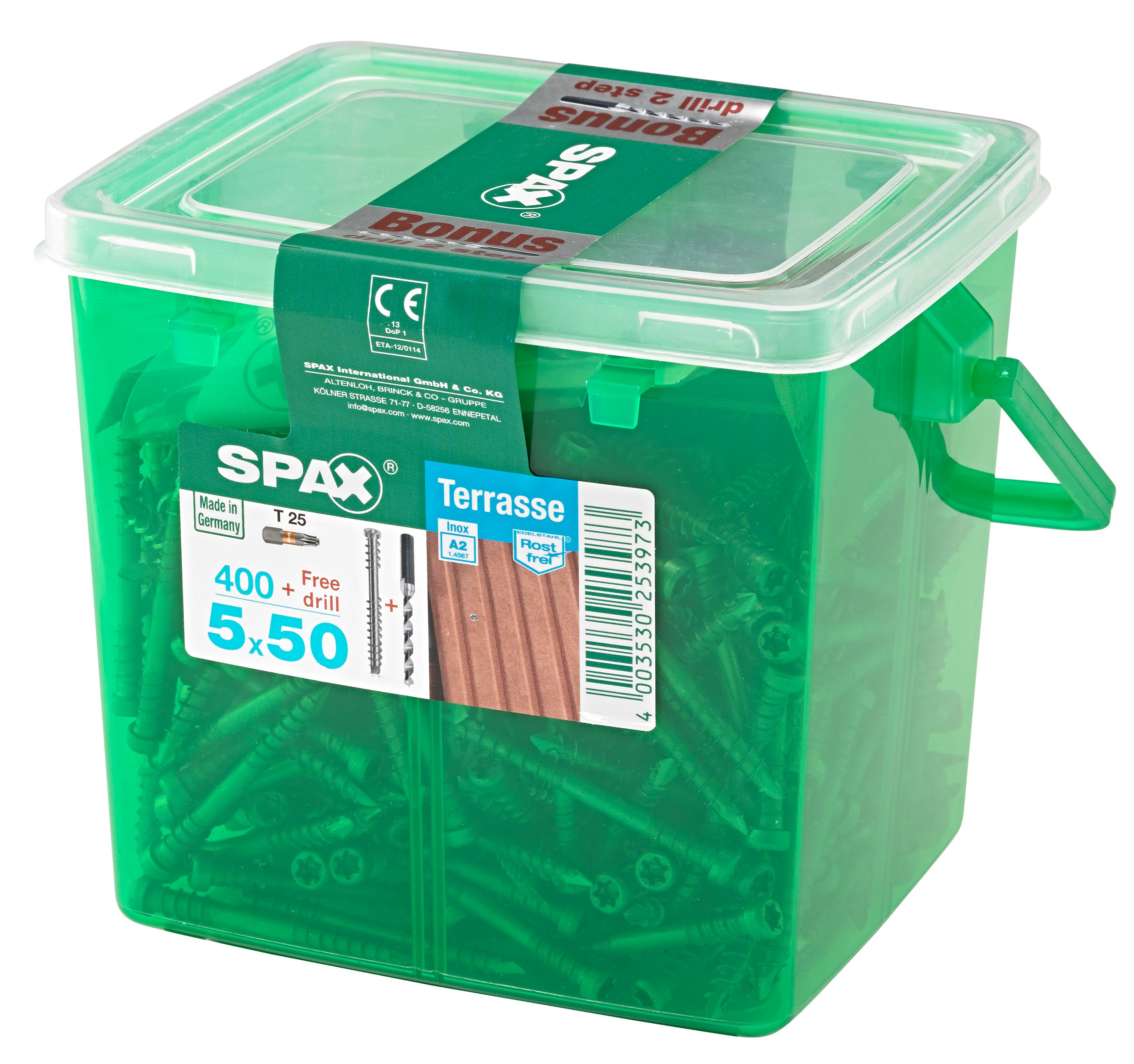 TERRAZA SPAX T-STAR PLUS T25 A2 INOXIDABLE CAJA DE PLÁSTICO CON ASA M 400 UD. INCL. BROCA PROGRESIVA