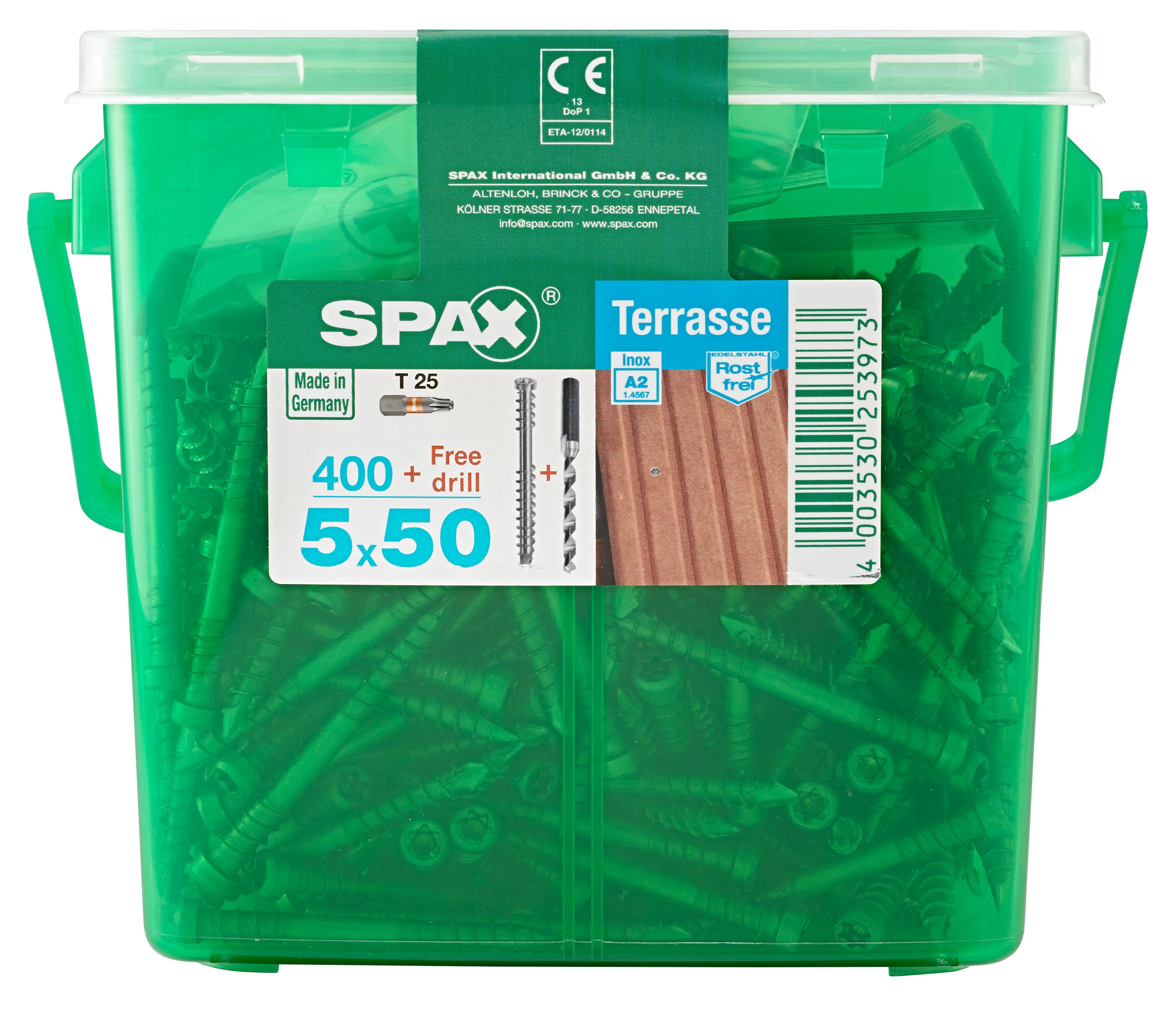 TERRAZA SPAX T-STAR PLUS T25 A2 INOXIDABLE CAJA DE PLÁSTICO CON ASA M 400 UD. INCL. BROCA PROGRESIVA