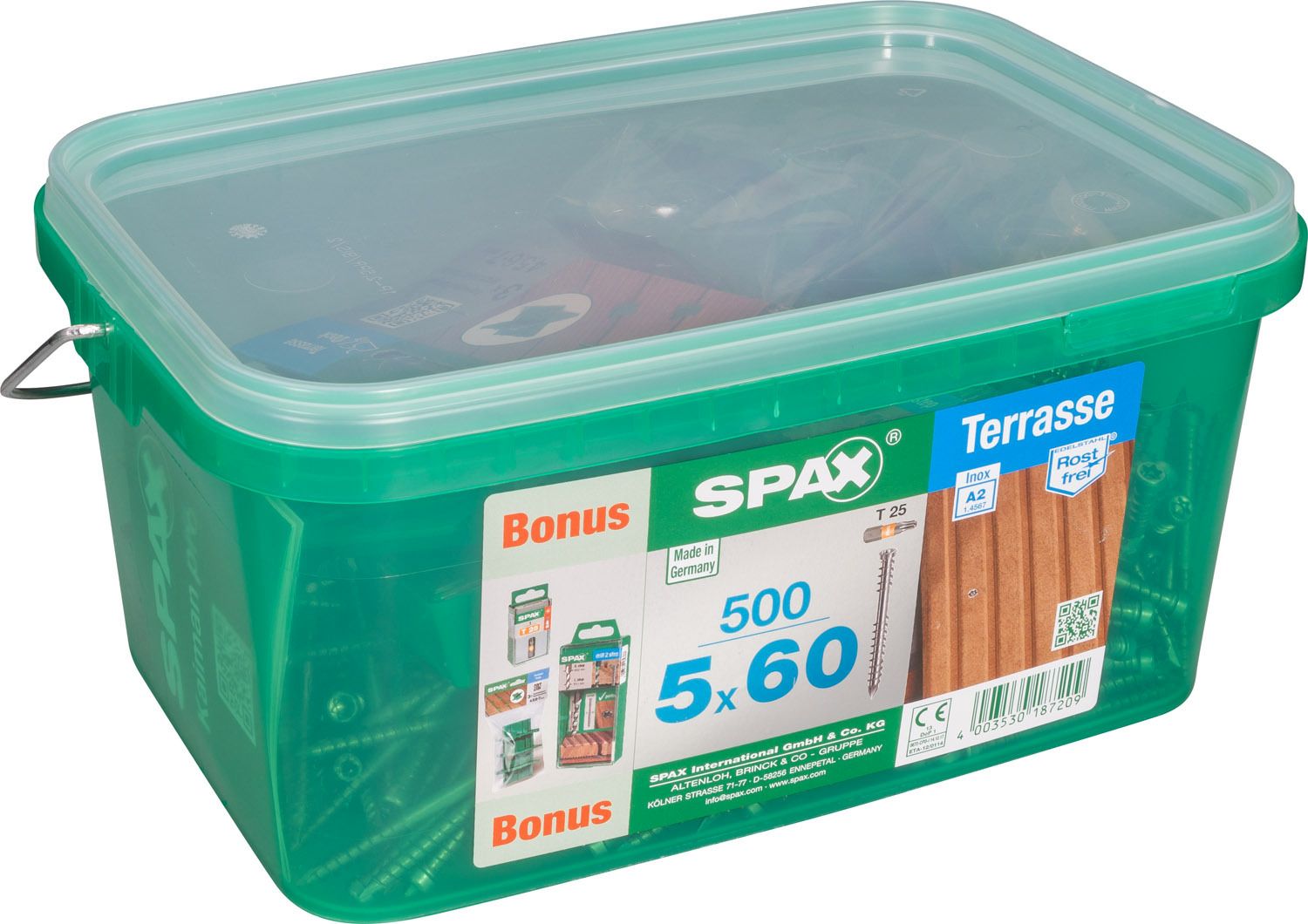 TERRAZA SPAX T-STAR PLUS T25 A2 INOXIDABLE CONJUNTO DE BONIFICACIONES CAJA DE PLÁSTICO CON ASA L 500 UD.