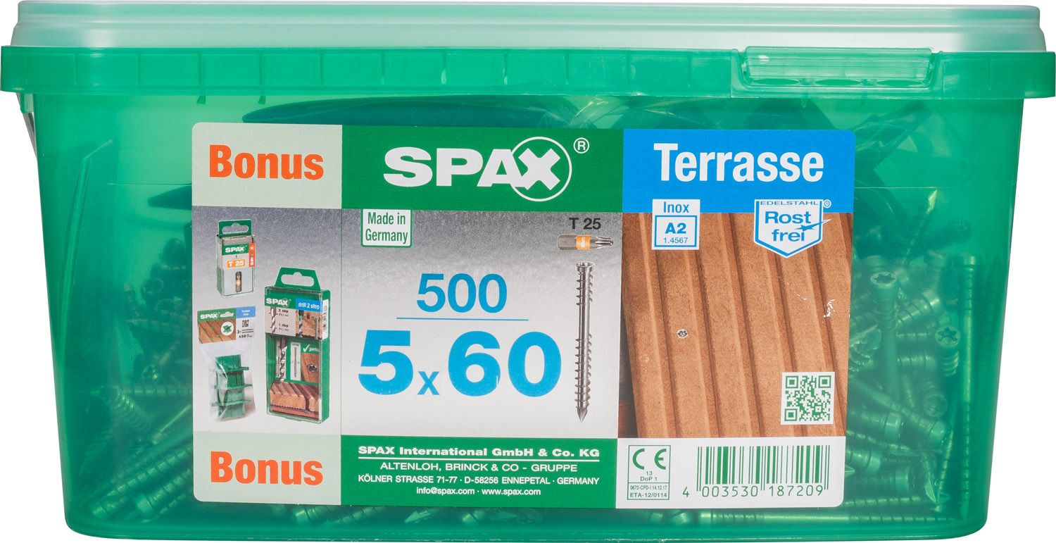 TERRAZA SPAX T-STAR PLUS T25 A2 INOXIDABLE CONJUNTO DE BONIFICACIONES CAJA DE PLÁSTICO CON ASA L 500 UD.