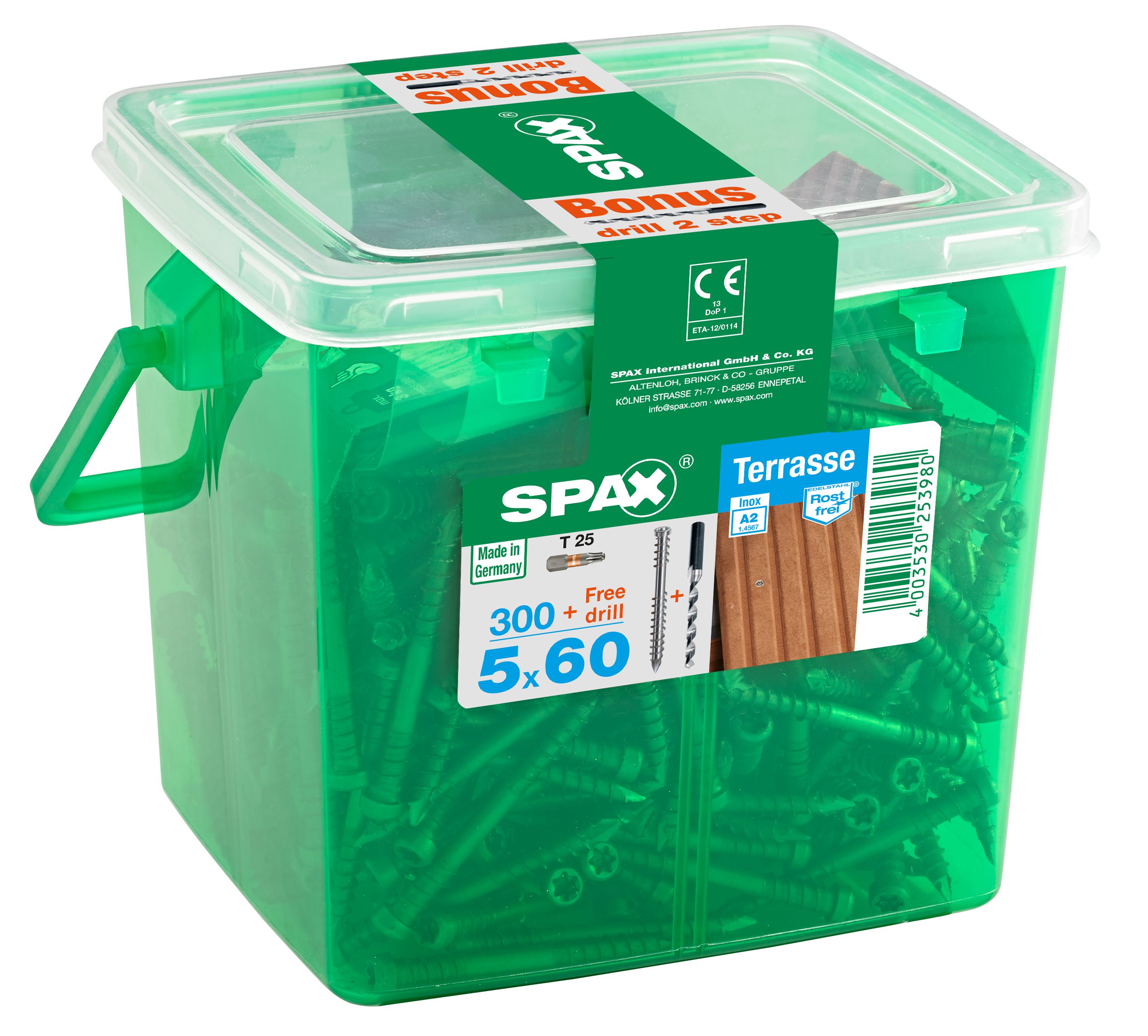 TERRAZA SPAX T-STAR PLUS T25 A2 INOXIDABLE CAJA DE PLÁSTICO CON ASA M 300 UD. INCL. BROCA PROGRESIVA