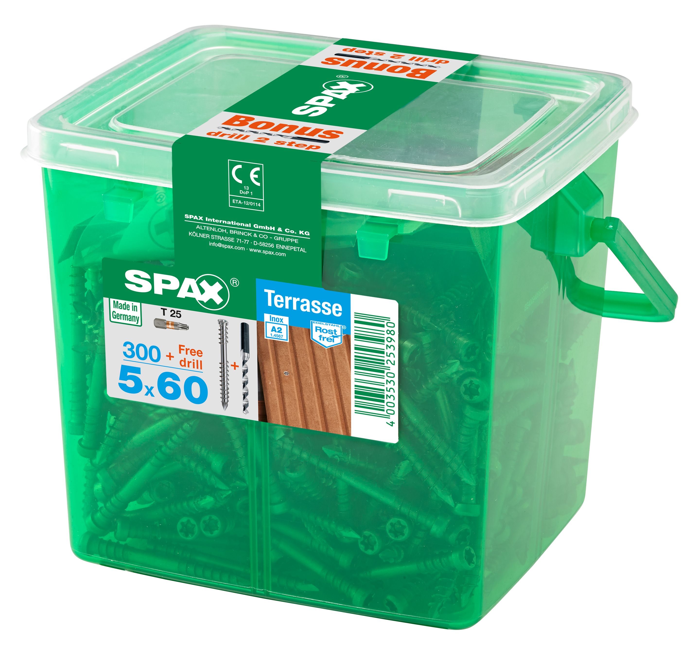 TERRAZA SPAX T-STAR PLUS T25 A2 INOXIDABLE CAJA DE PLÁSTICO CON ASA M 300 UD. INCL. BROCA PROGRESIVA