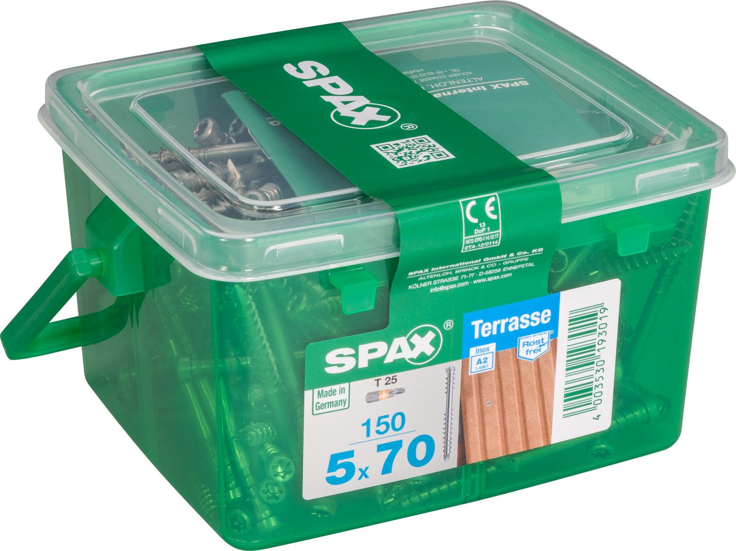 TERRAZA SPAX T-STAR PLUS T25 A2 INOXIDABLE CAJA DE PLÁSTICO CON ASA S 150 UD.