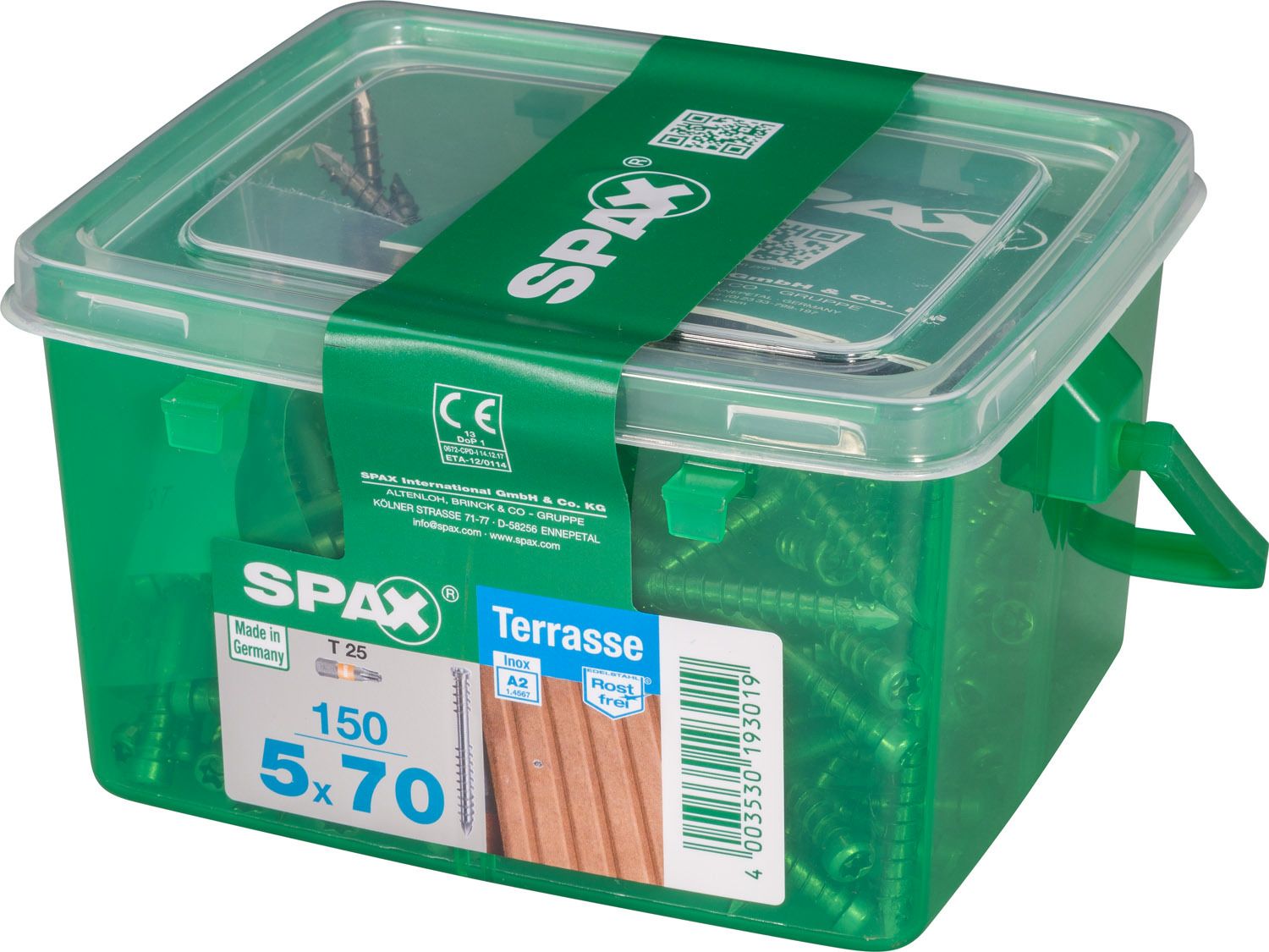 TERRAZA SPAX T-STAR PLUS T25 A2 INOXIDABLE CAJA DE PLÁSTICO CON ASA S 150 UD.